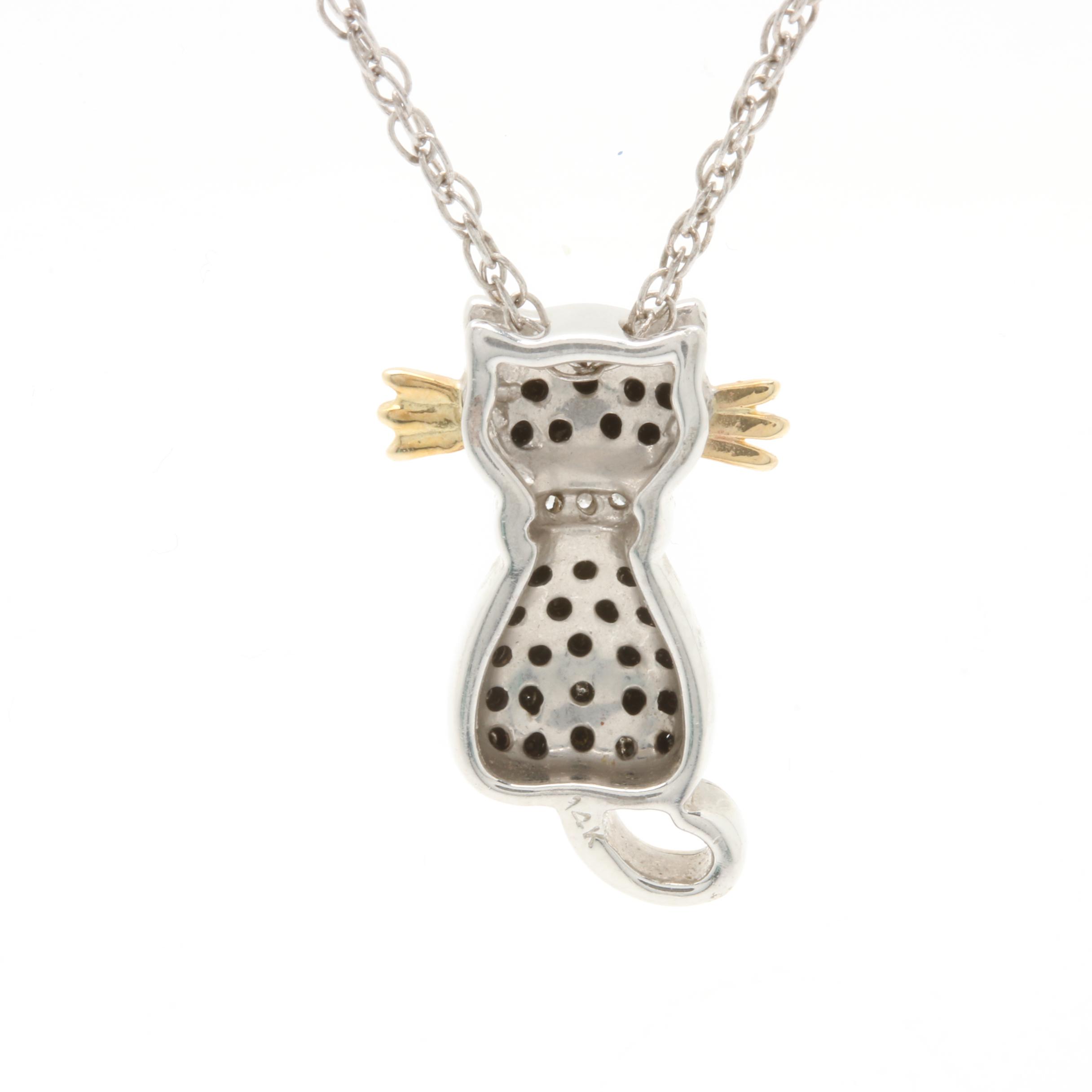 Sterling Silver and 14K Yellow Gold Diamond Cat Pendant Necklace