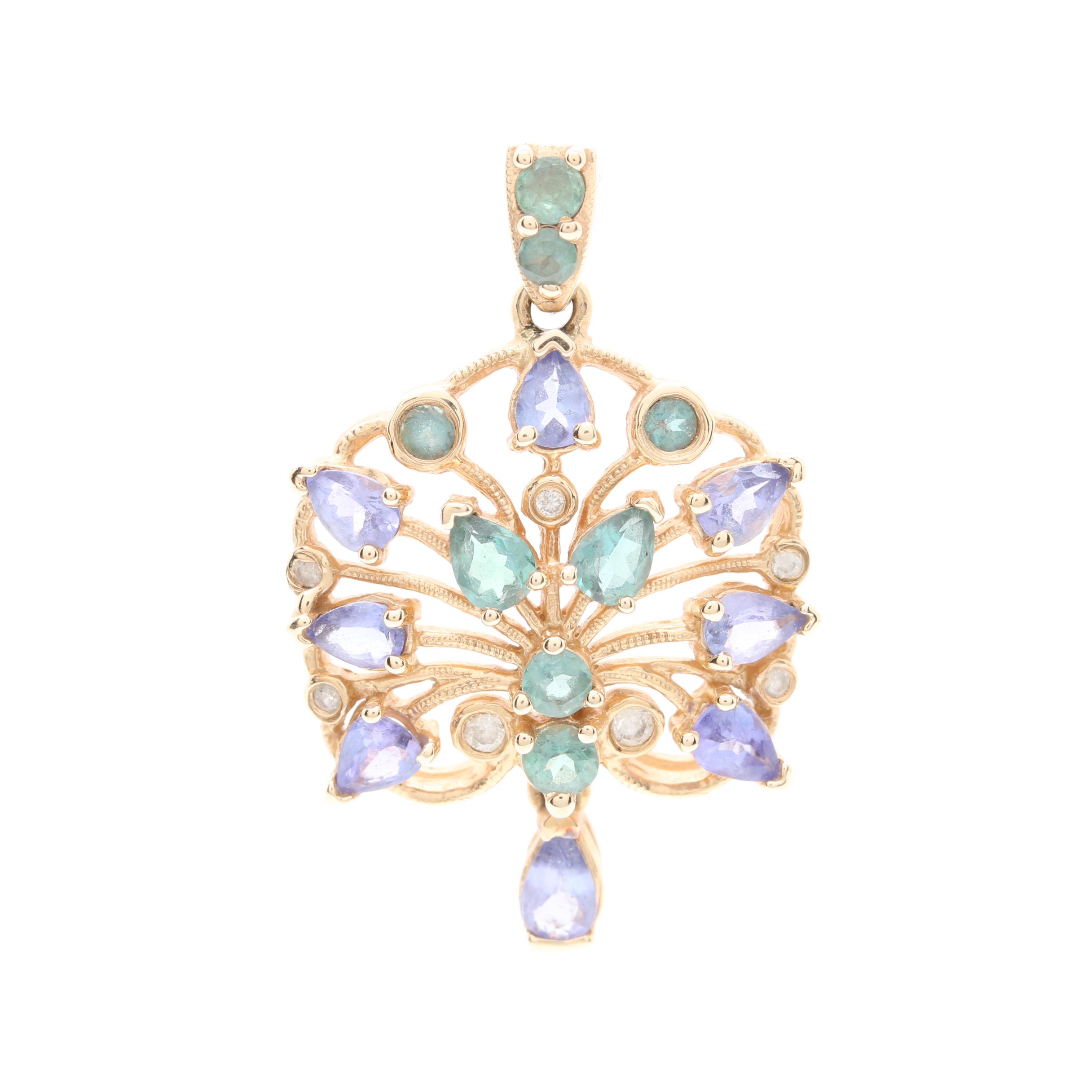 14K Yellow Gold Diamond, Topaz, and Tanzanite Pendant