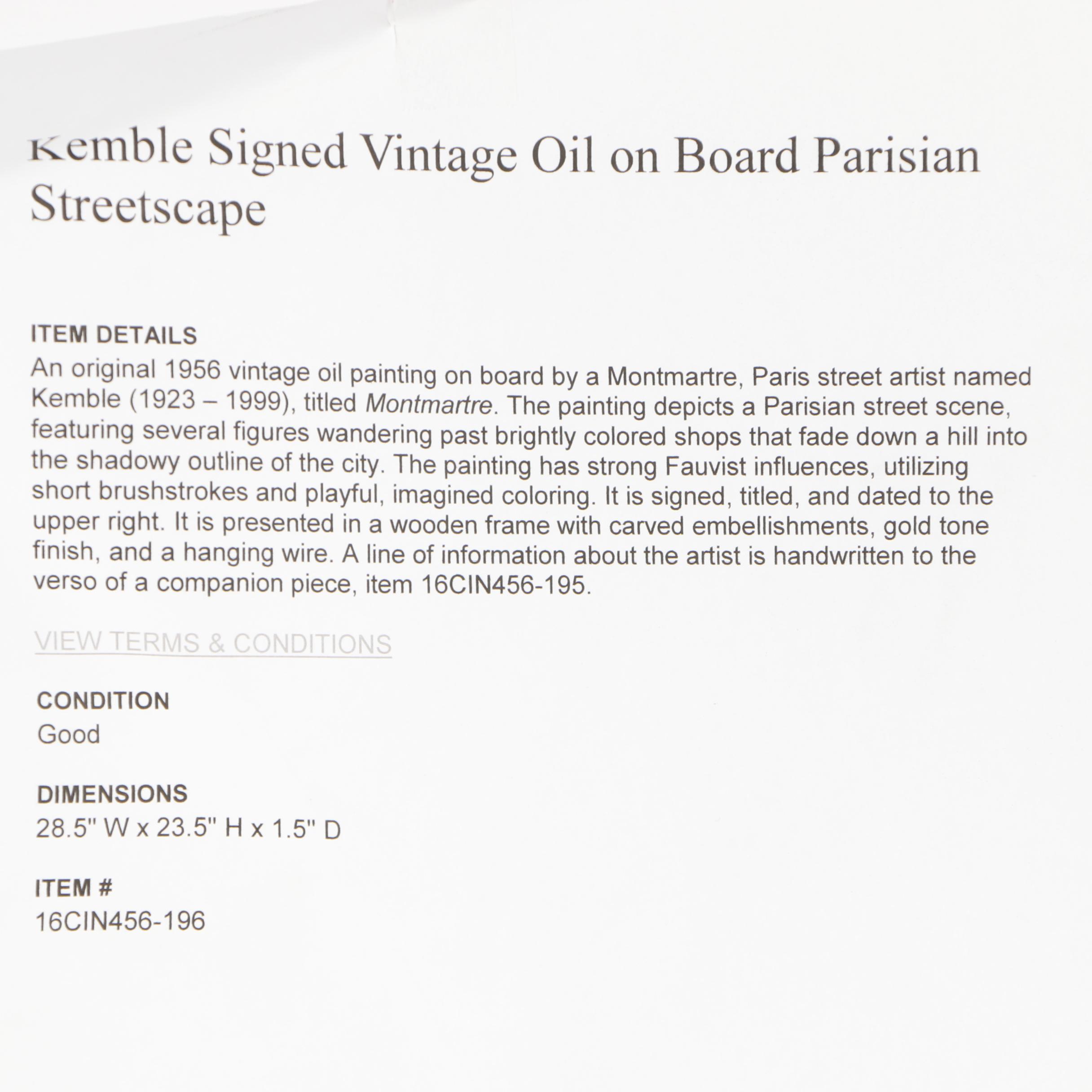 Kemble 1956 Oil Painting "Montmartre"