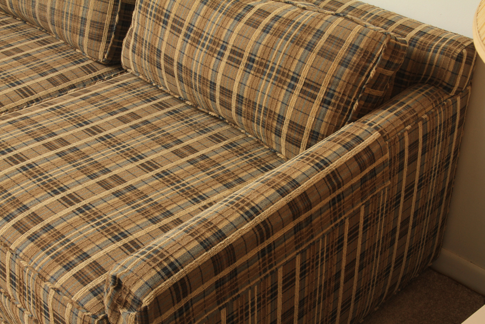 Mid Century Style Custom Upholstered Plaid Loveseat