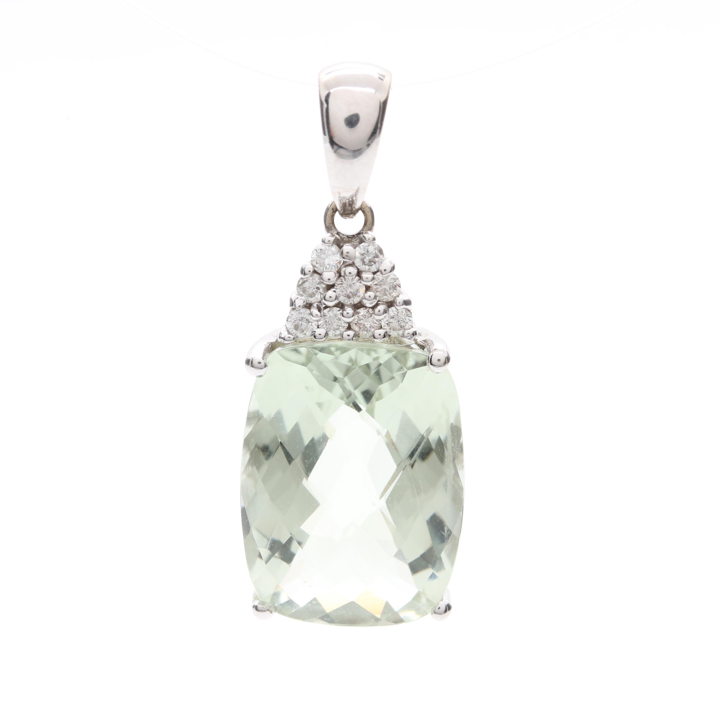 14K White Gold Praseolite and Diamond Pendant
