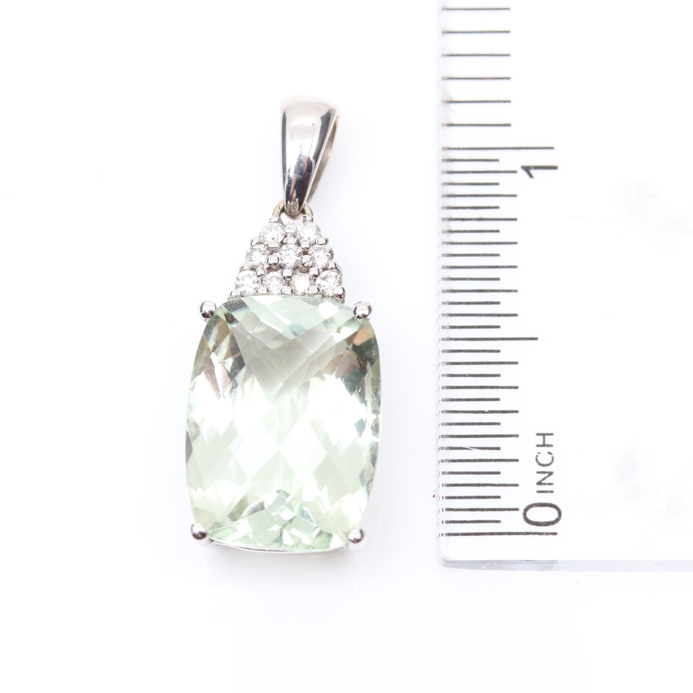 14K White Gold Praseolite and Diamond Pendant