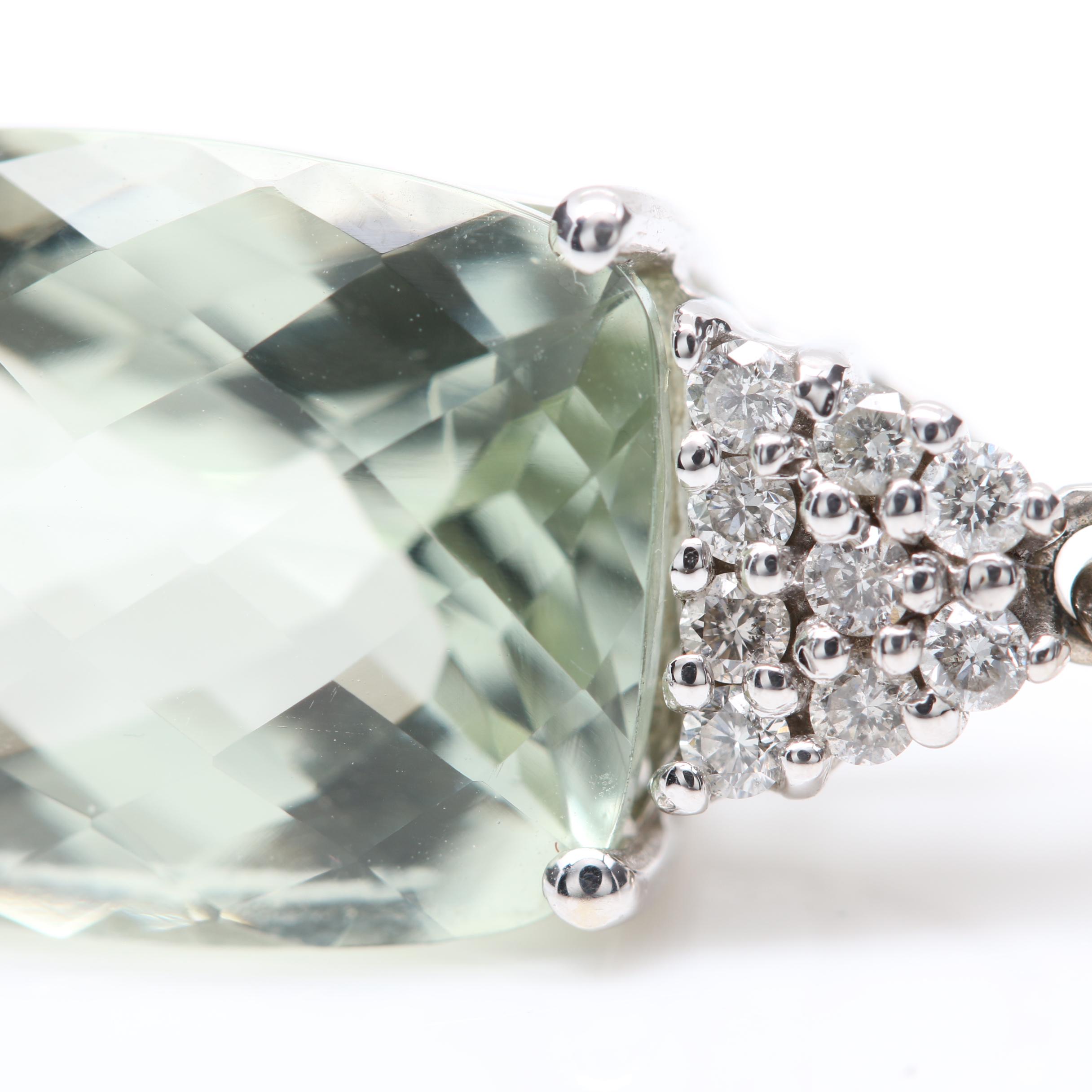14K White Gold Praseolite and Diamond Pendant