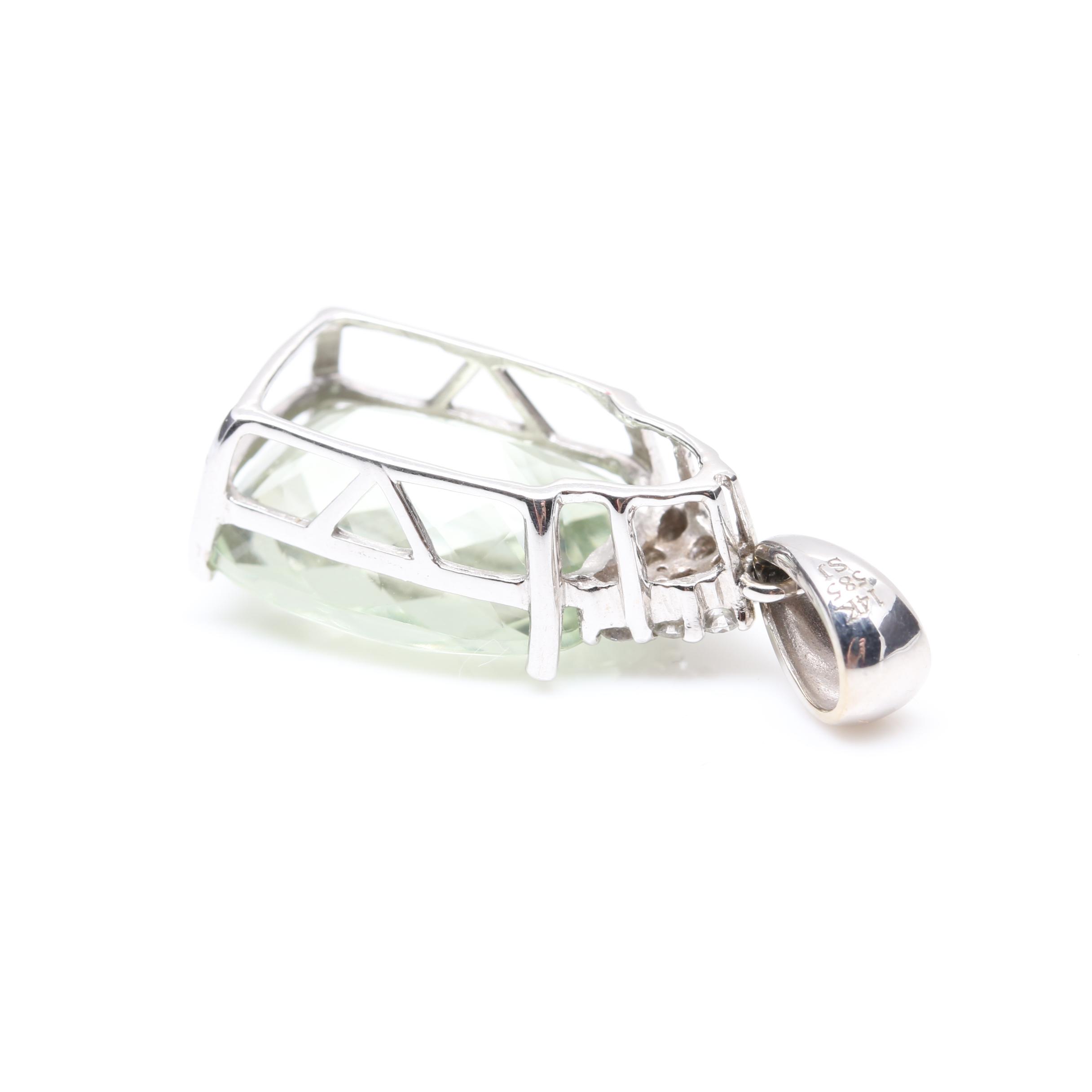 14K White Gold Praseolite and Diamond Pendant