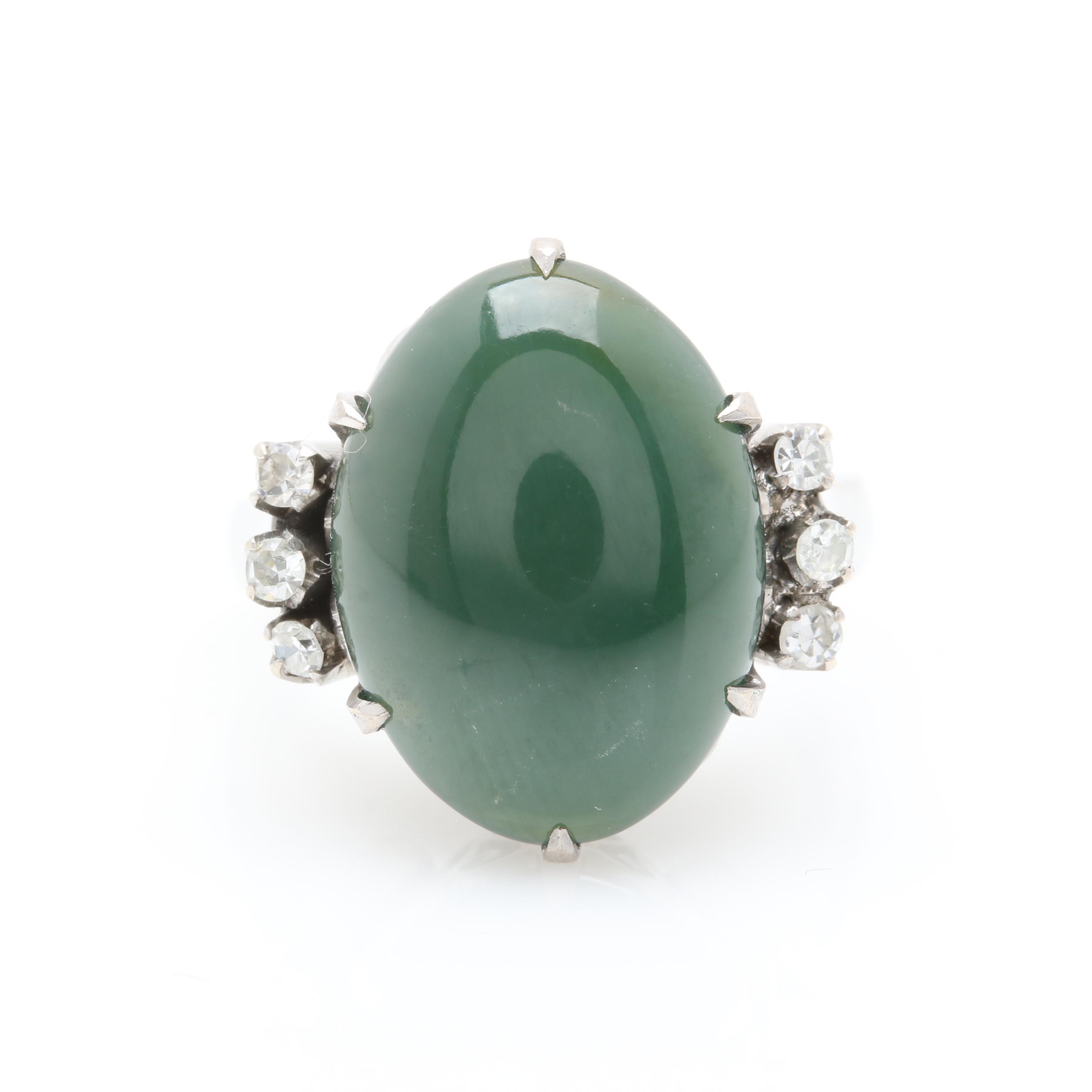 Vintage 10K White Gold Nephrite and Diamond Ring