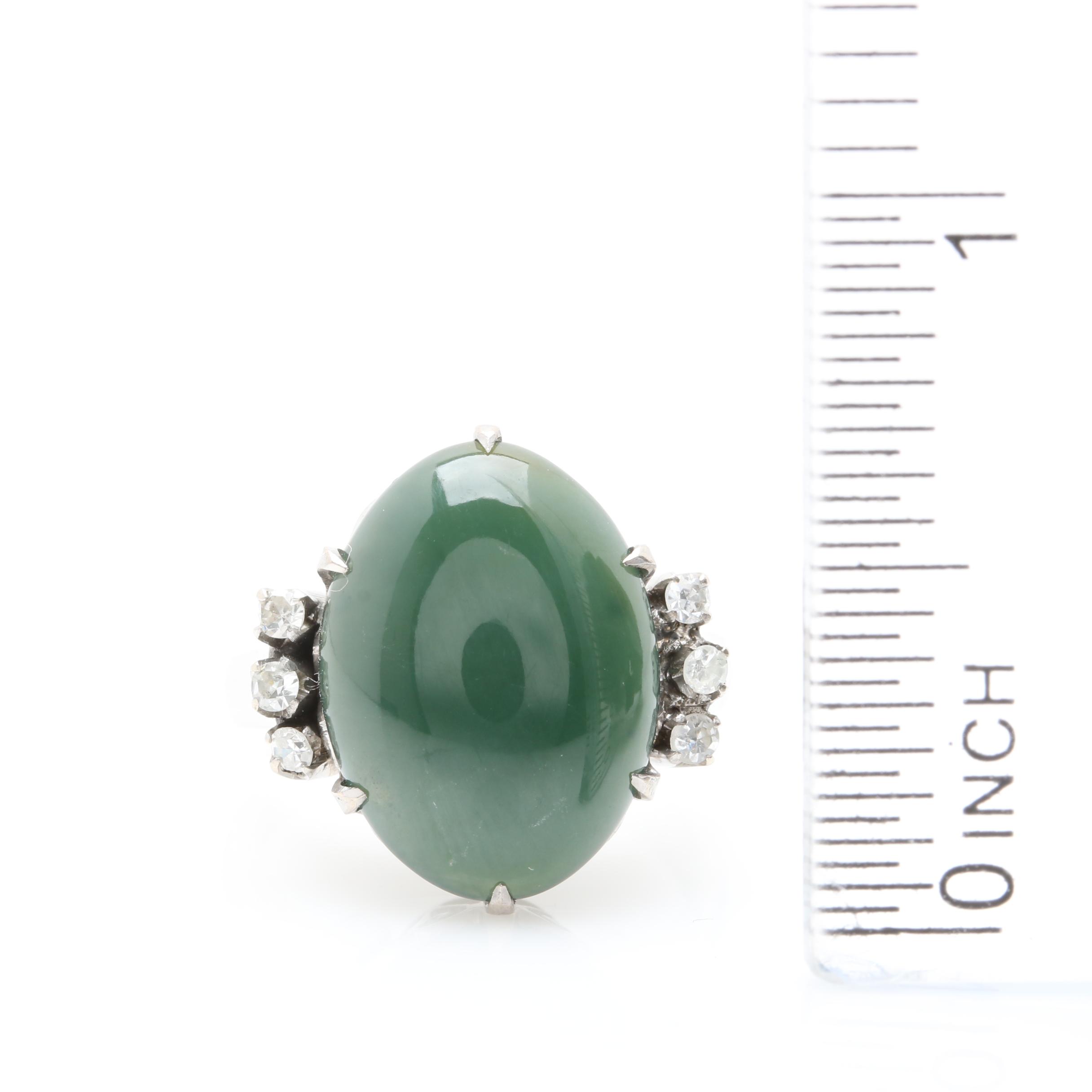 Vintage 10K White Gold Nephrite and Diamond Ring