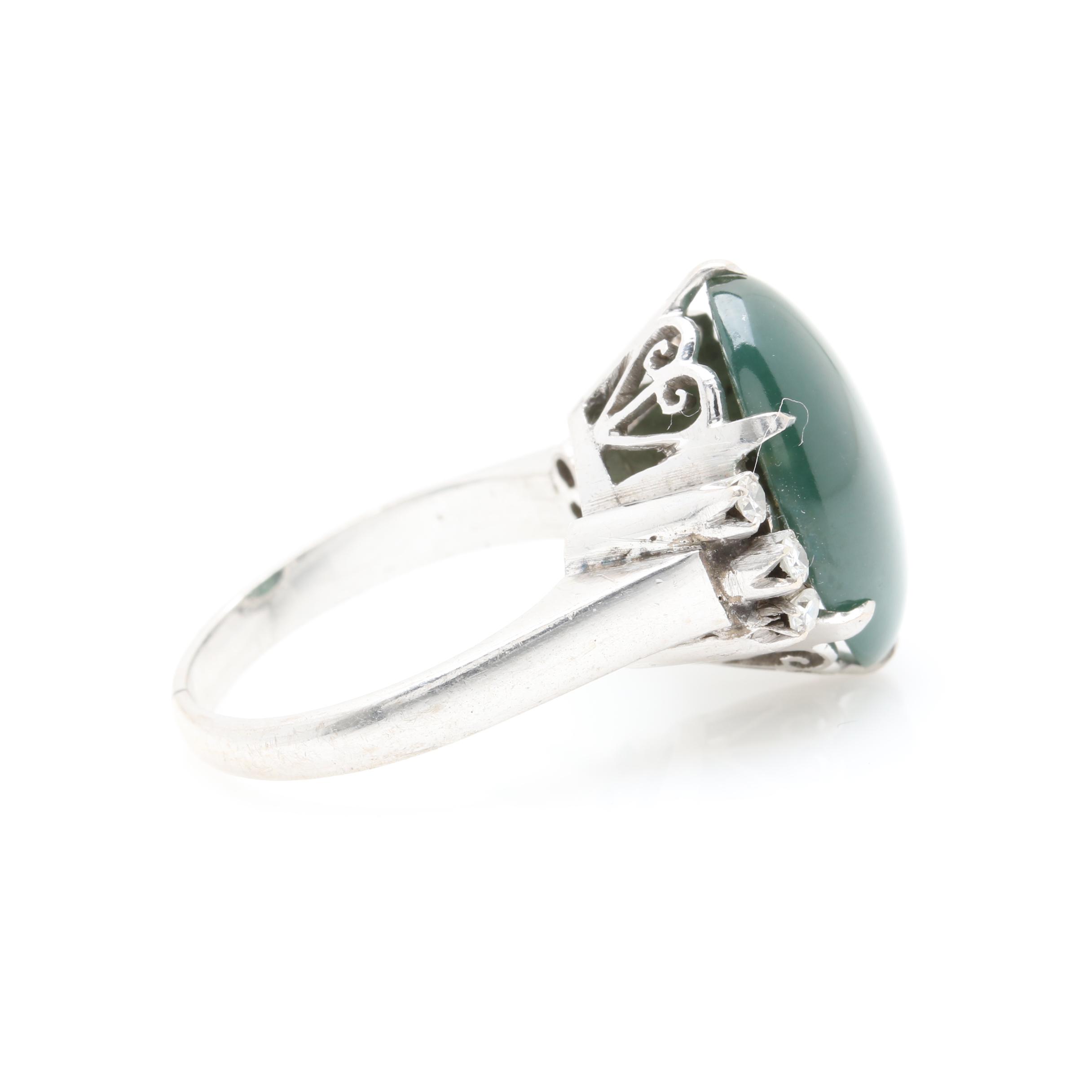 Vintage 10K White Gold Nephrite and Diamond Ring