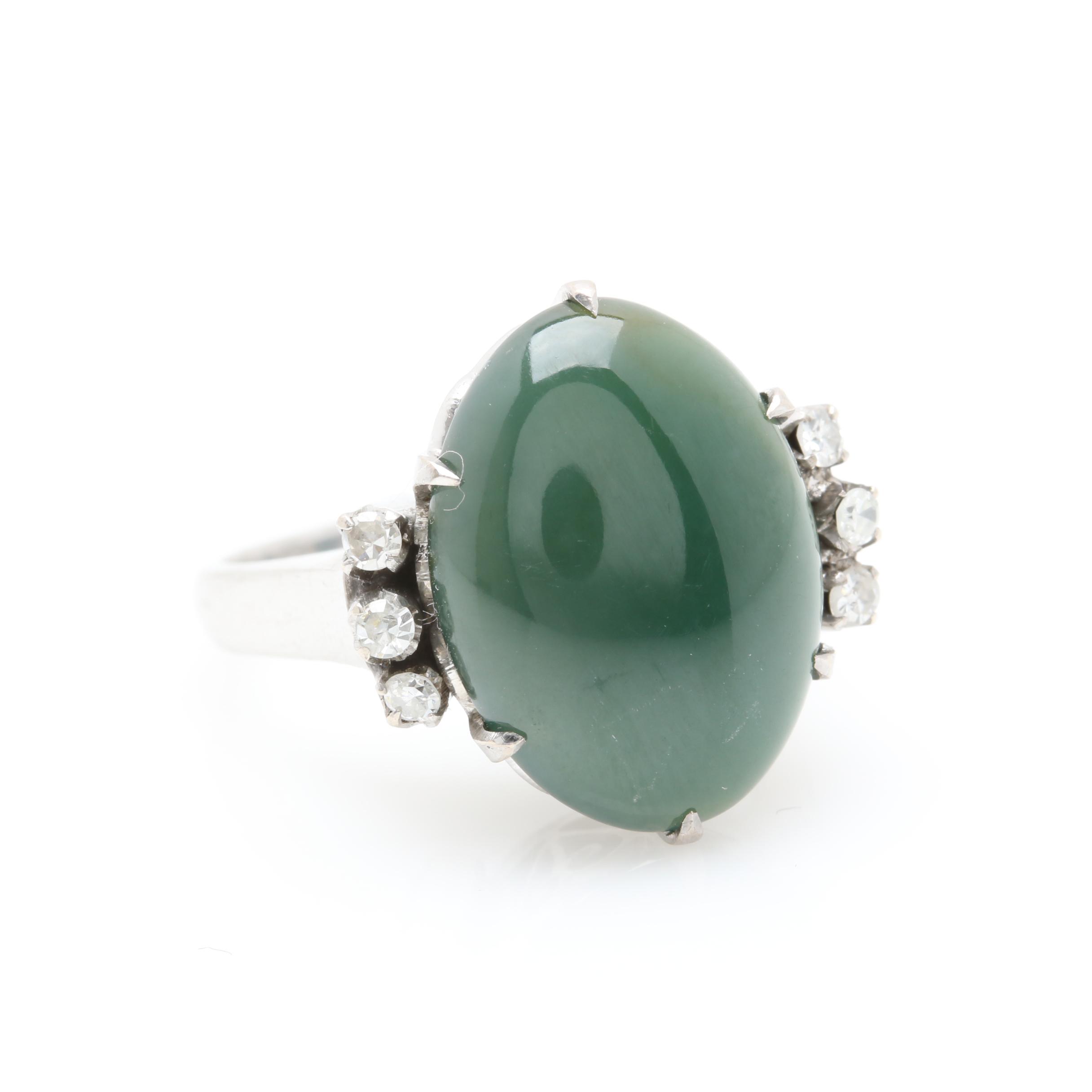Vintage 10K White Gold Nephrite and Diamond Ring