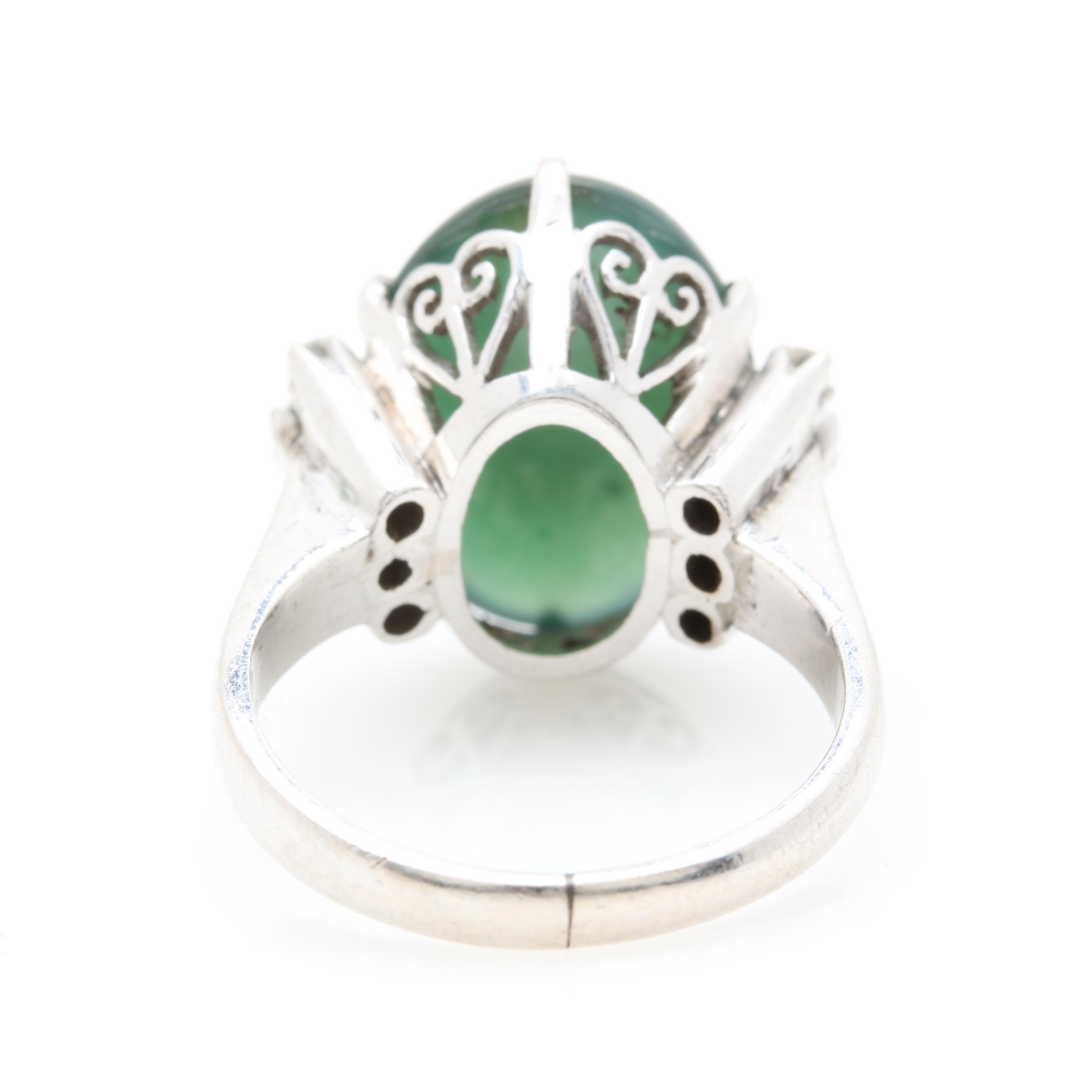 Vintage 10K White Gold Nephrite and Diamond Ring