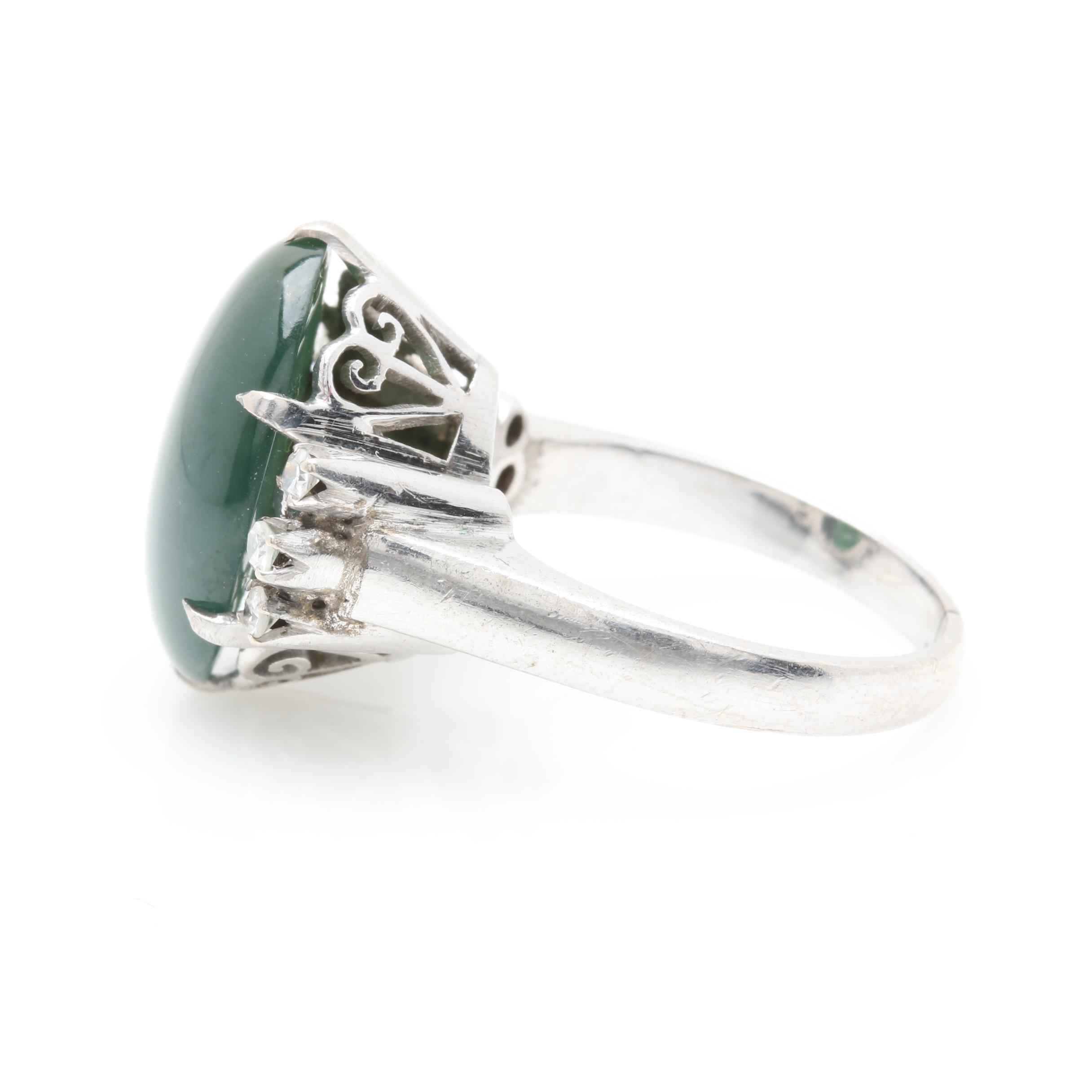 Vintage 10K White Gold Nephrite and Diamond Ring