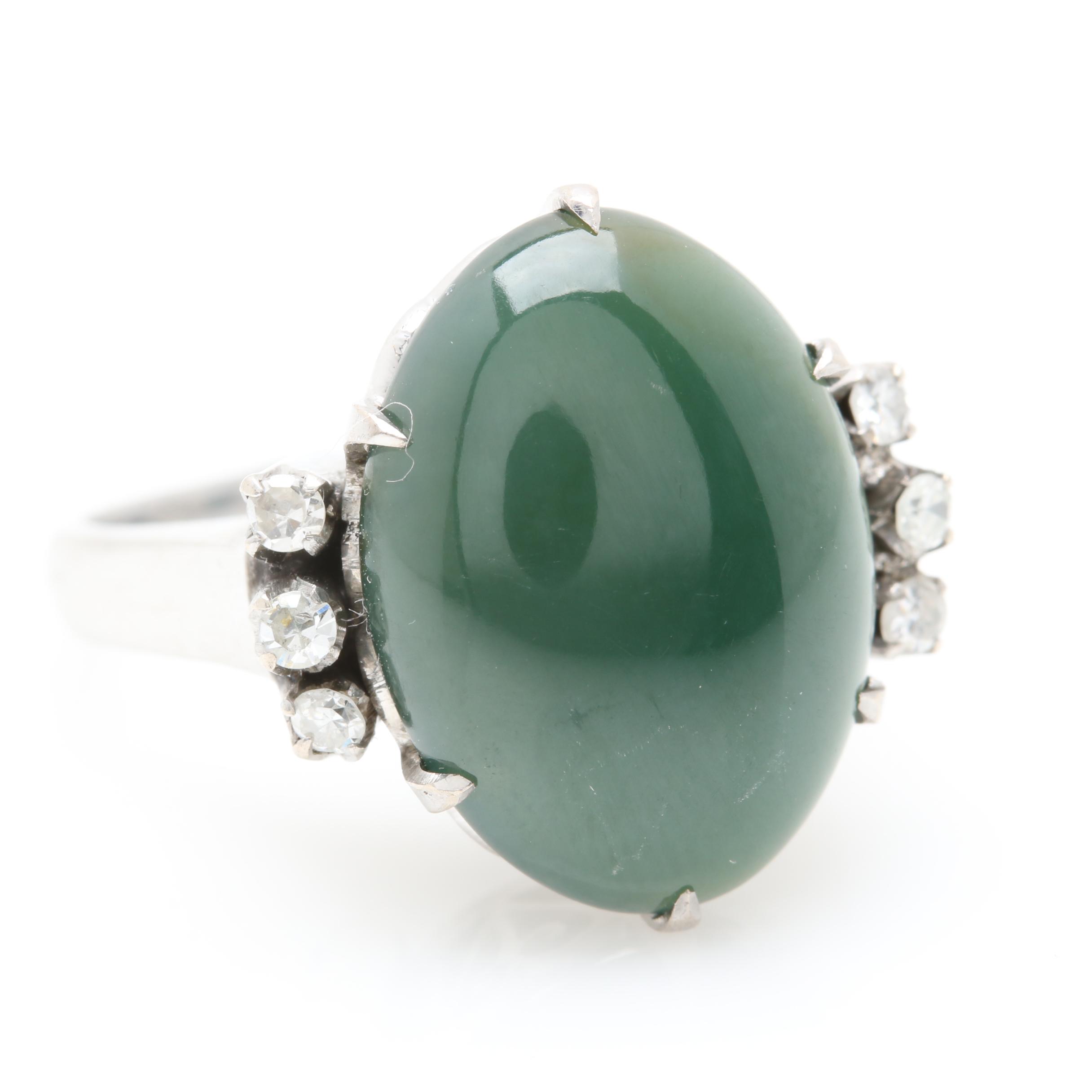 Vintage 10K White Gold Nephrite and Diamond Ring