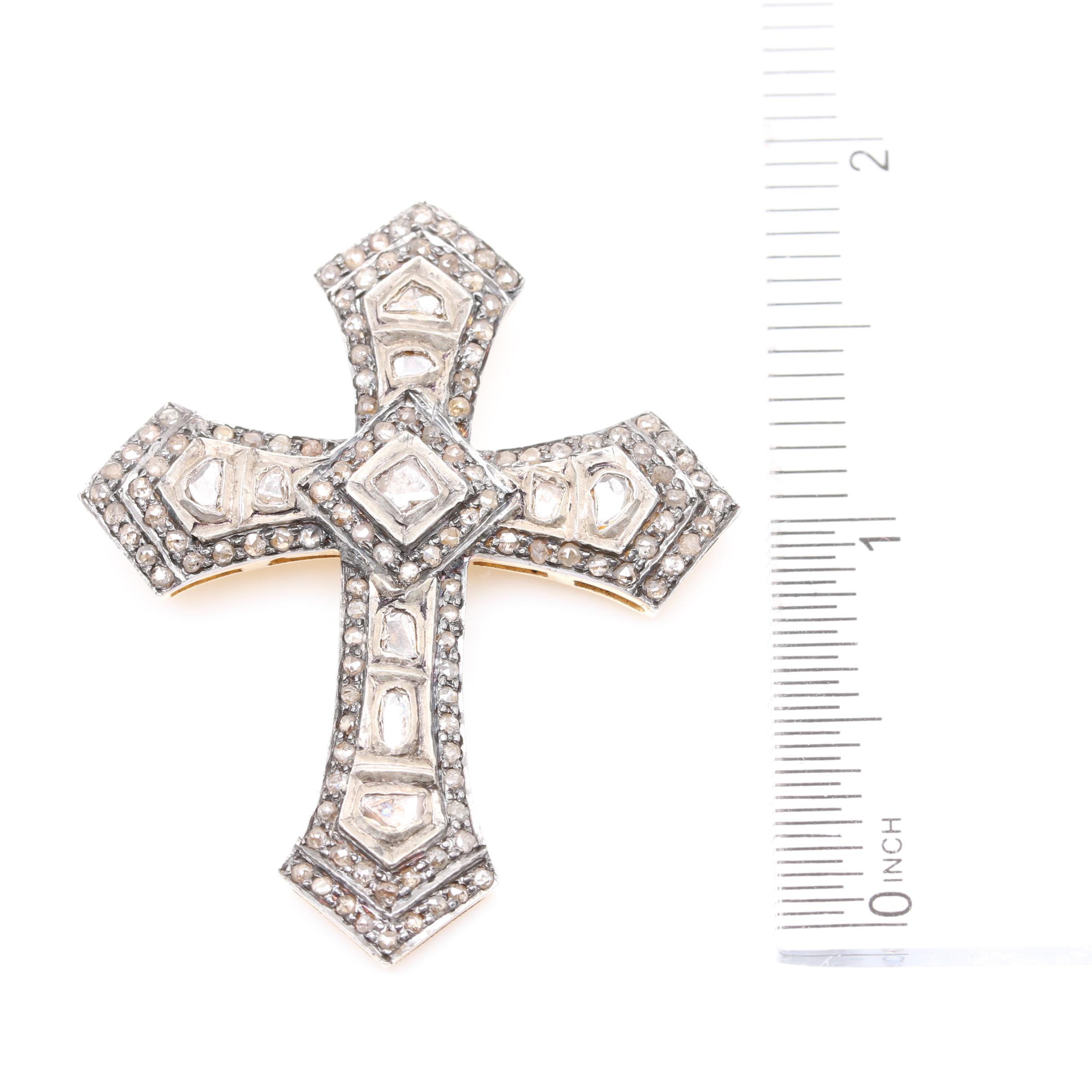 14K Yellow Gold and Sterling Silver Diamond Cross Pendant