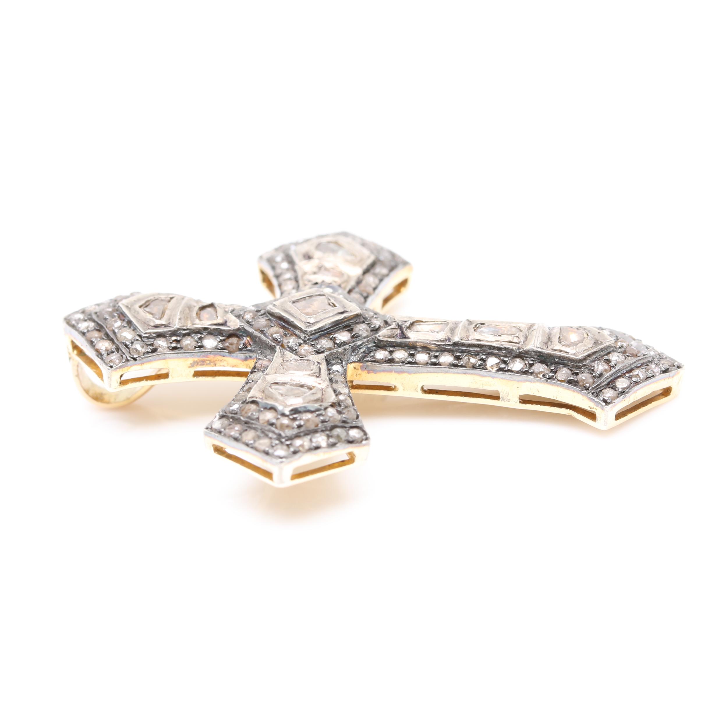 14K Yellow Gold and Sterling Silver Diamond Cross Pendant