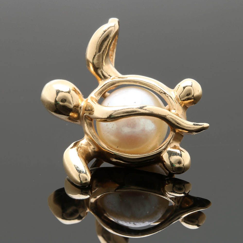 14K Yellow Gold Cultured Pearl Sea Turtle Slide Pendant