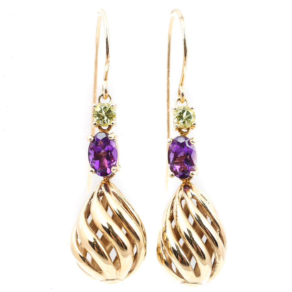 14K Yellow Gold Open Swirl Dangle Earrings with Peridot and Amethysts