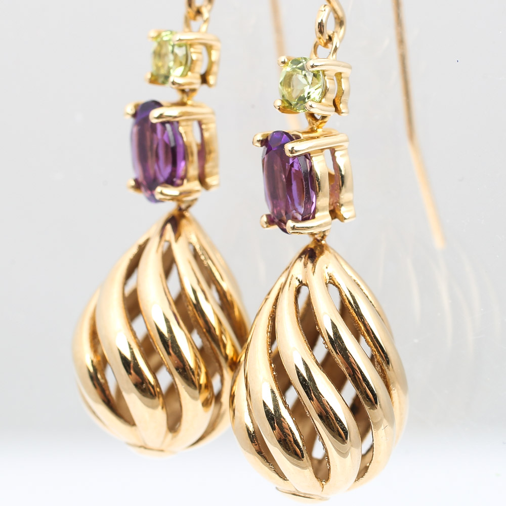 14K Yellow Gold Open Swirl Dangle Earrings with Peridot and Amethysts