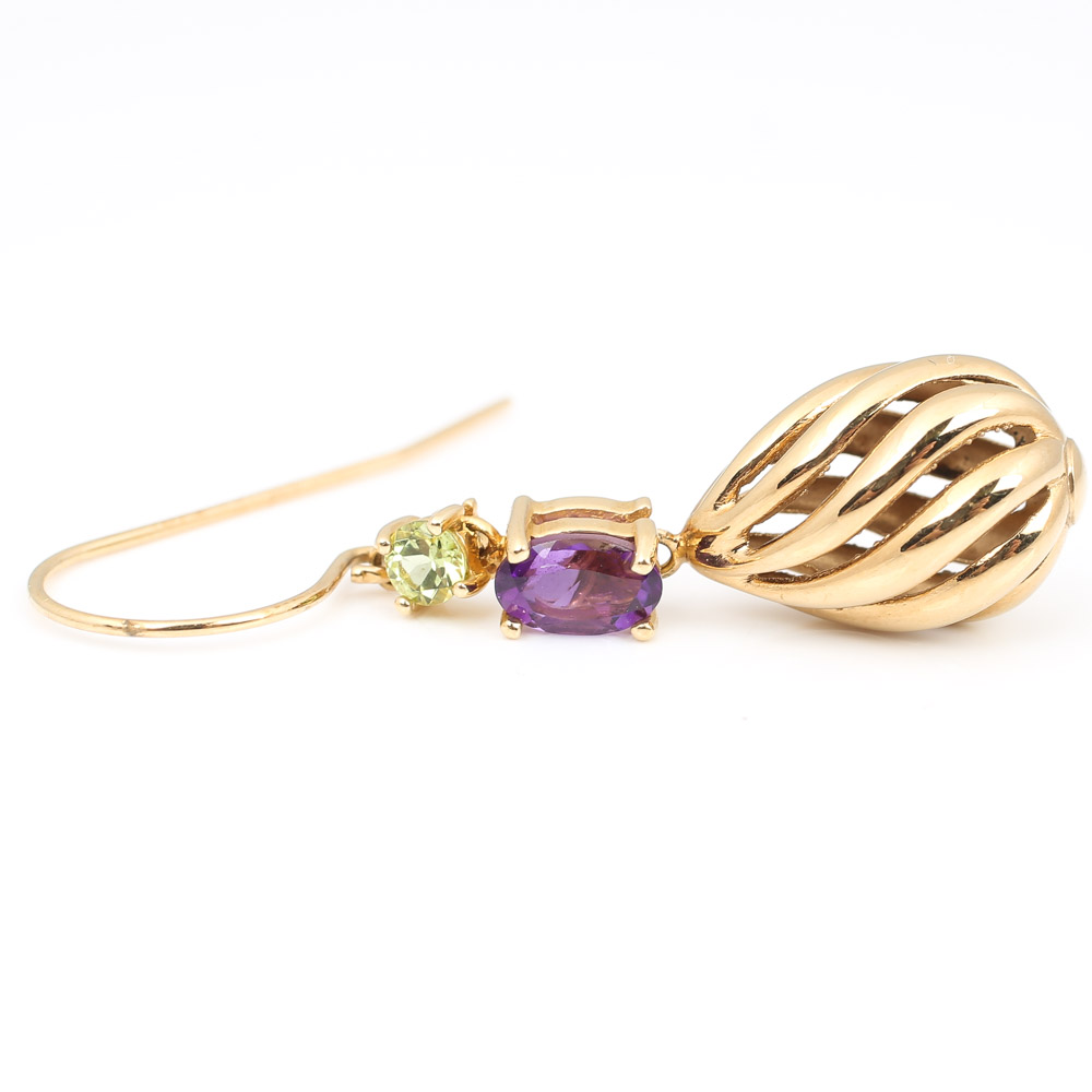 14K Yellow Gold Open Swirl Dangle Earrings with Peridot and Amethysts