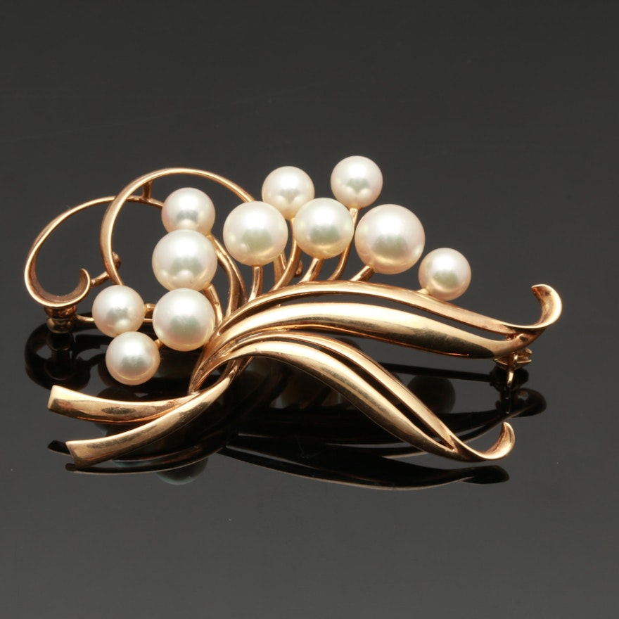 Mikimoto 14K Yellow Gold Cultured Pearl Brooch