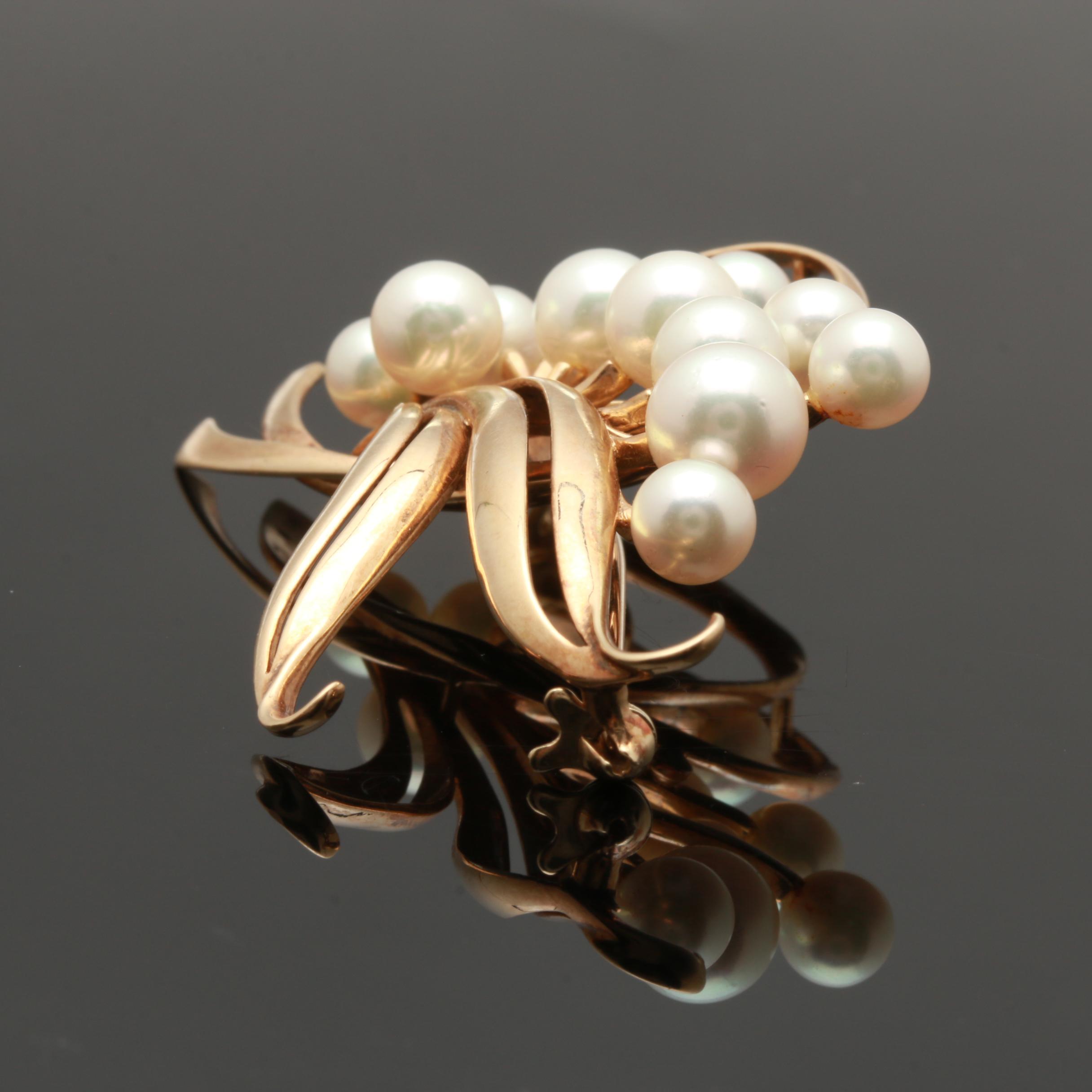 Mikimoto 14K Yellow Gold Cultured Pearl Brooch
