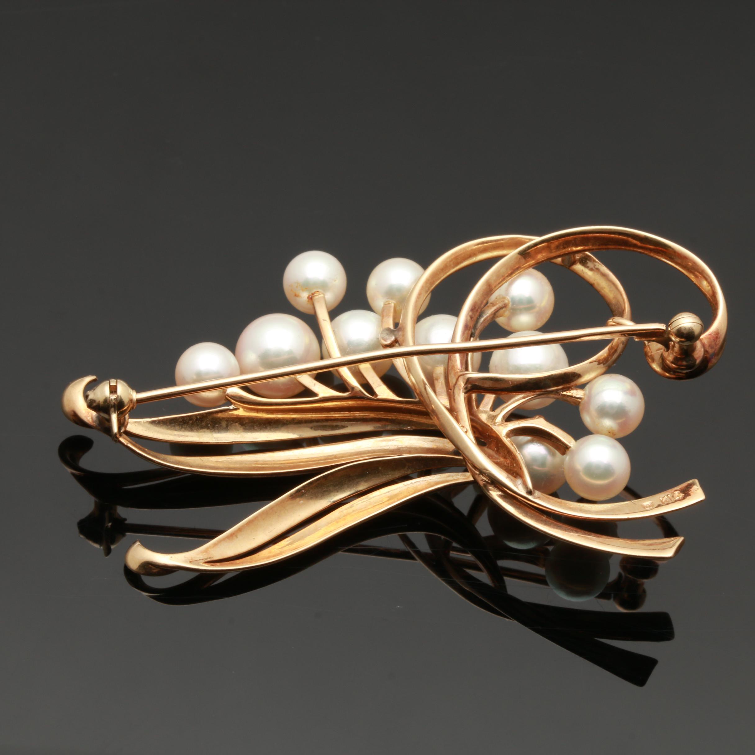 Mikimoto 14K Yellow Gold Cultured Pearl Brooch