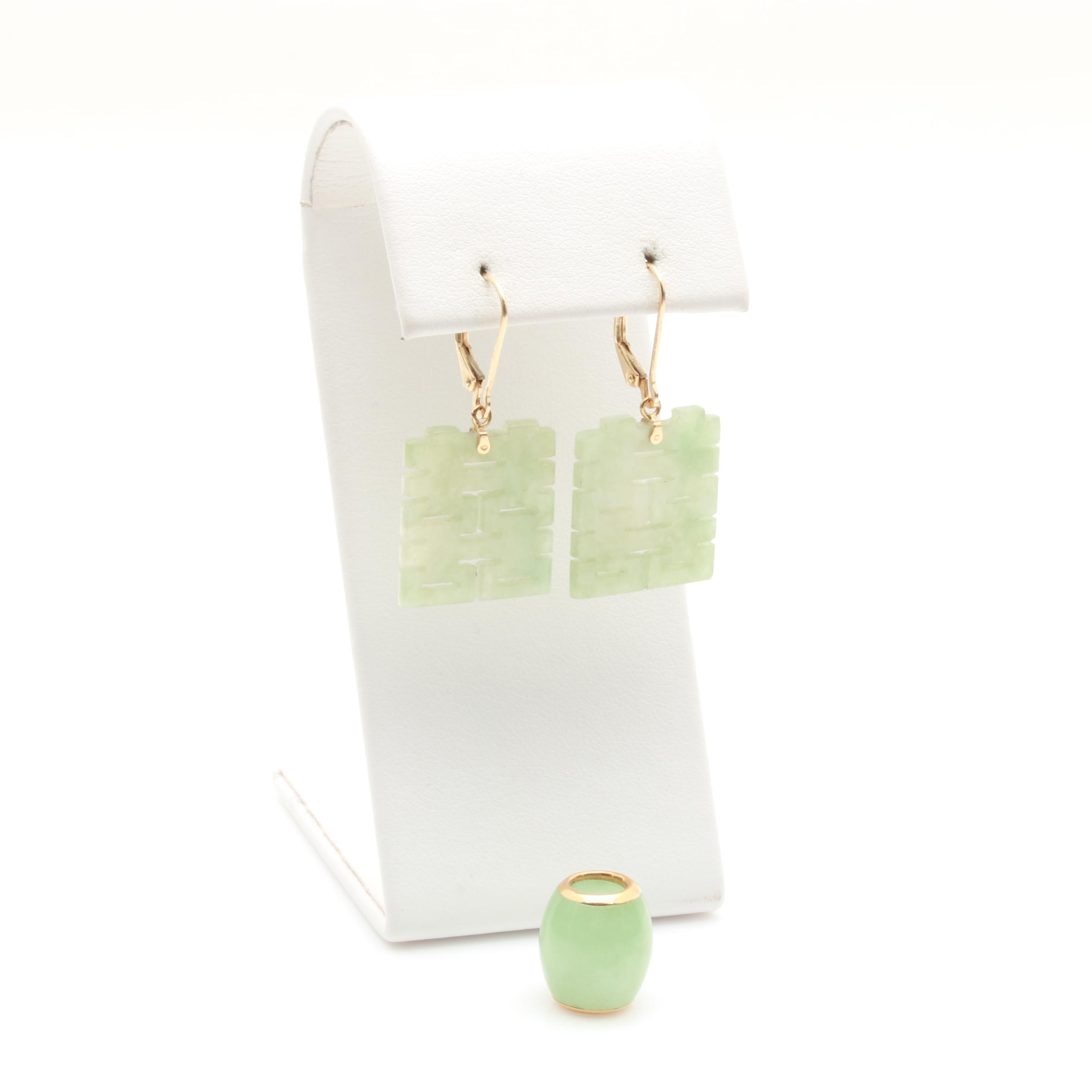14K Yellow Gold Jadeite Earrings and Slide Pendant
