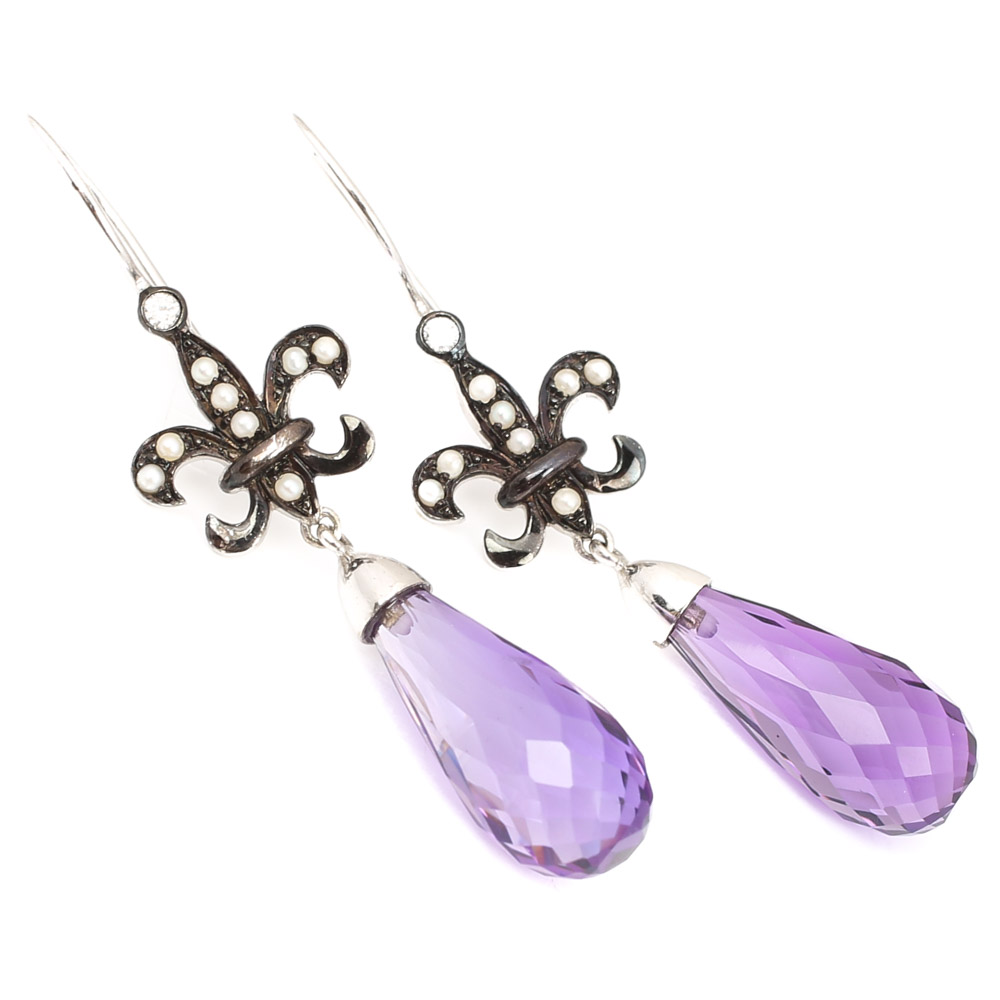 9K White Fleur De Lis Amethyst Dangle Earrings with Diamonds and Seed Pearls