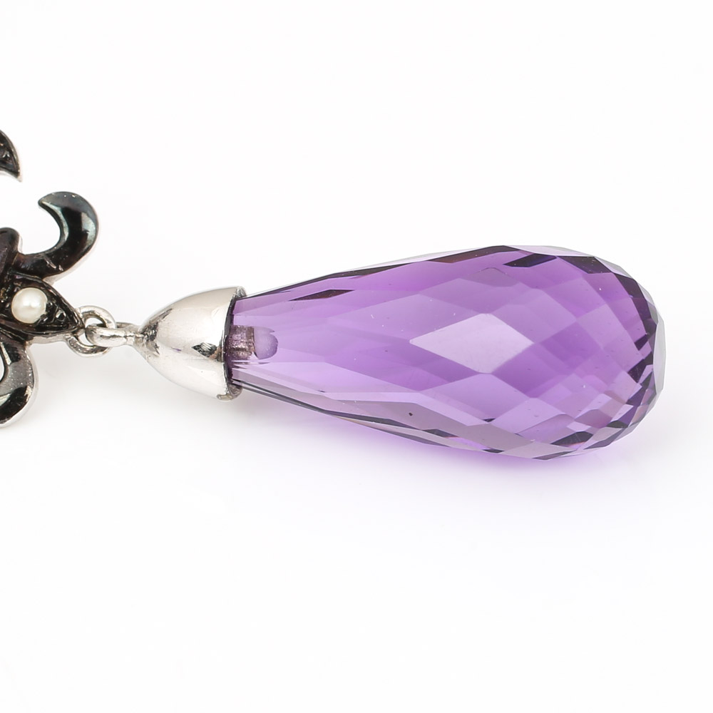 9K White Fleur De Lis Amethyst Dangle Earrings with Diamonds and Seed Pearls