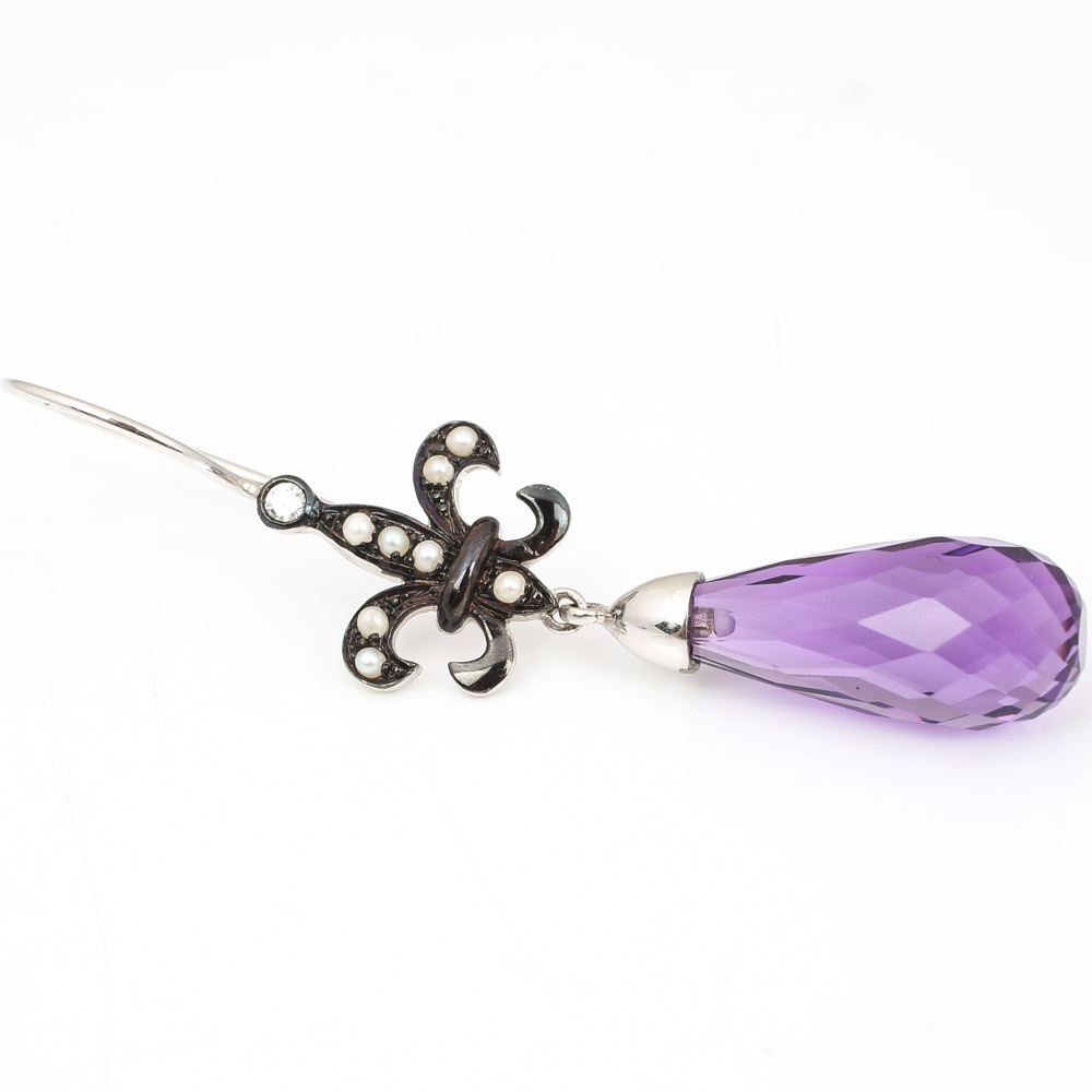 9K White Fleur De Lis Amethyst Dangle Earrings with Diamonds and Seed Pearls