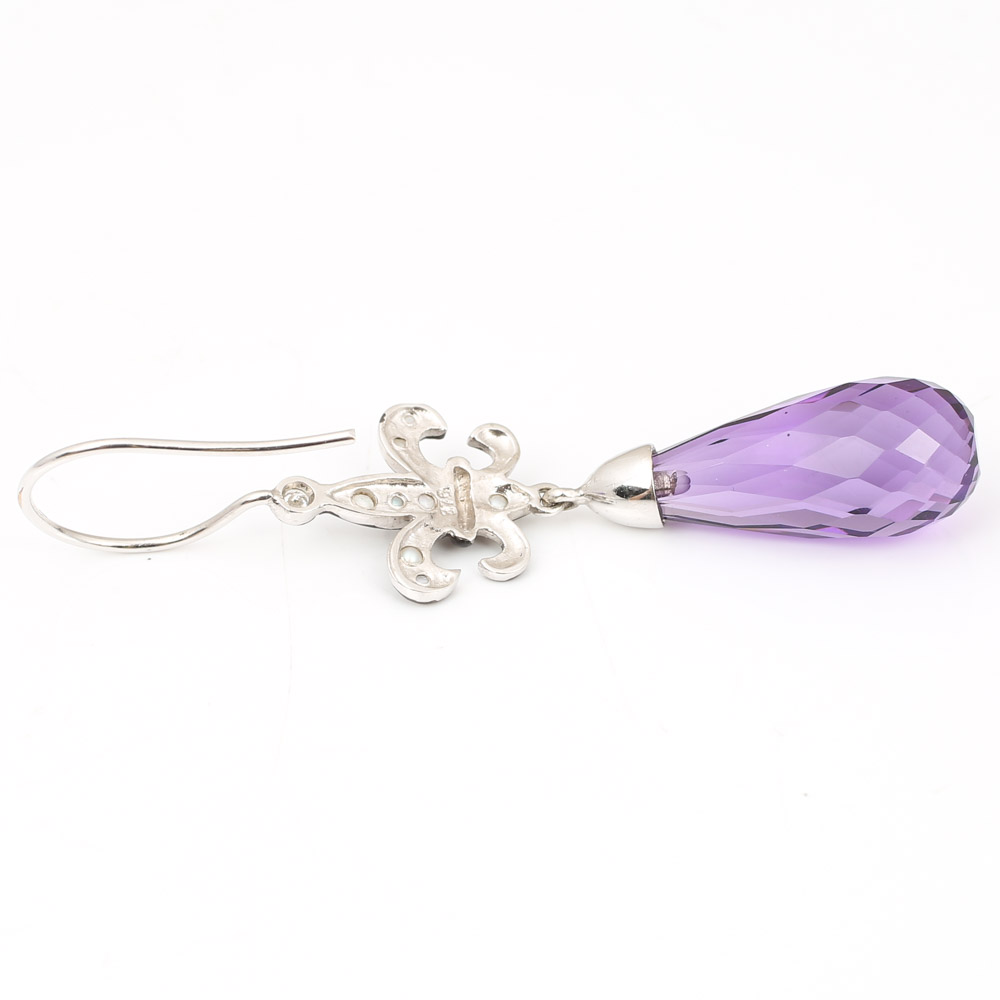 9K White Fleur De Lis Amethyst Dangle Earrings with Diamonds and Seed Pearls