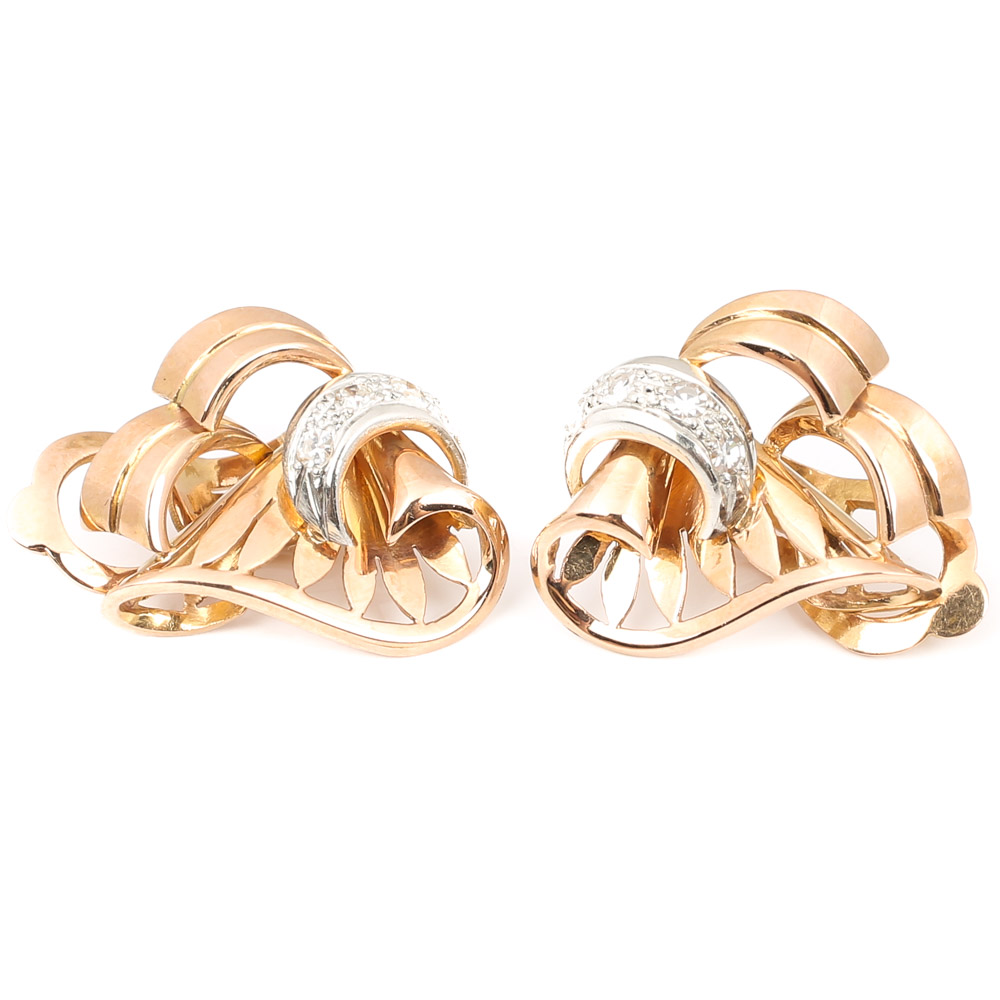 18K Rose Gold Retro Swirl Diamond Ear Clips