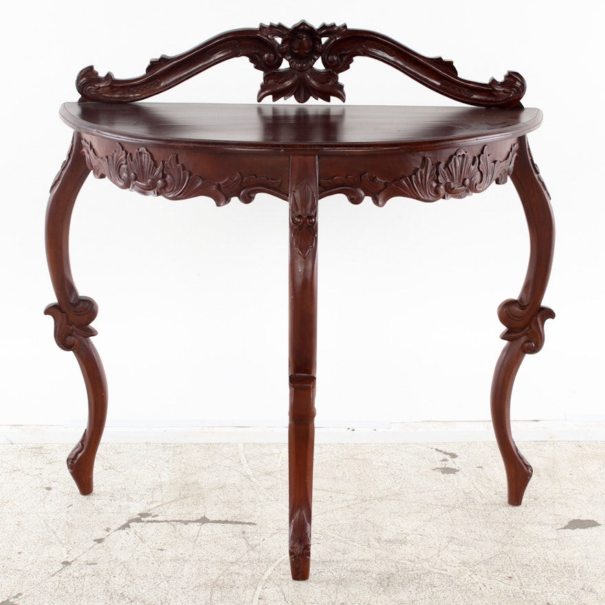 Carved Mahogany Demilune Console Table