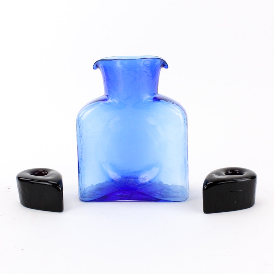 Blenko Blue Glass Water Pitcher and Amethyst Candle Holders