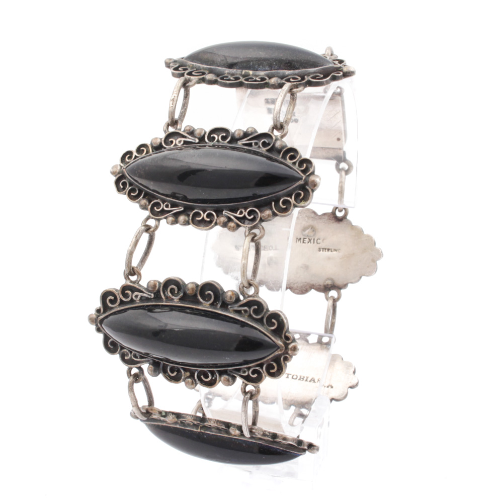 Vintage Abraham Tobias Sterling Silver Black Glass Bracelet