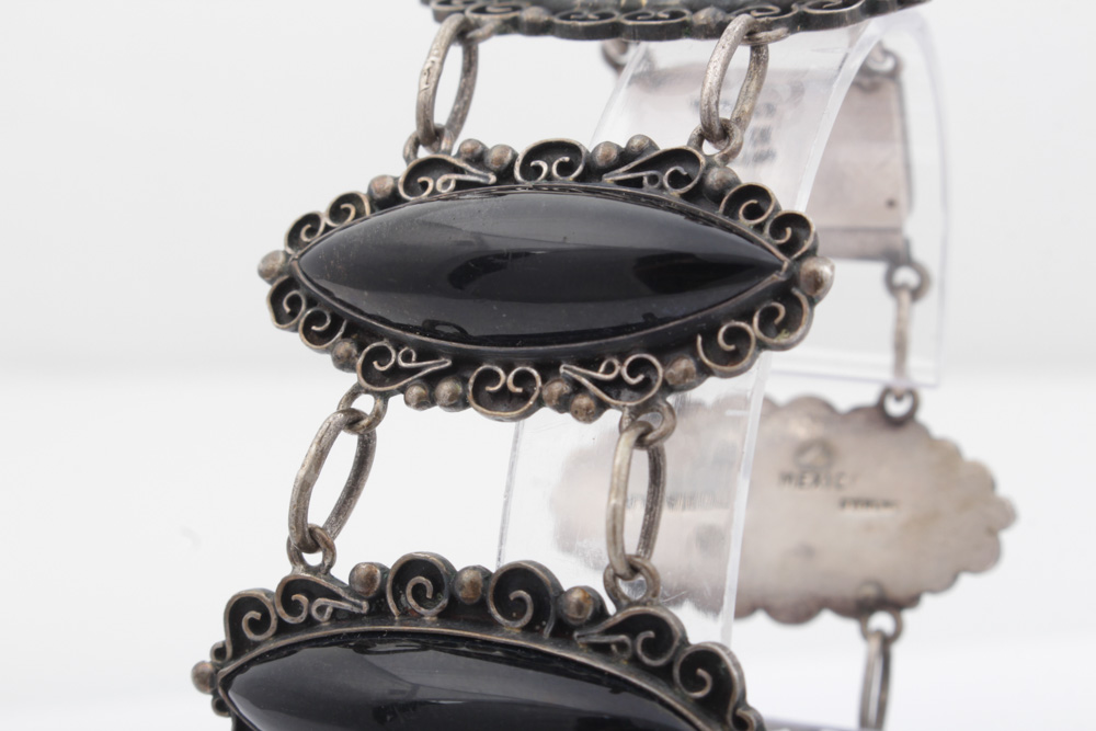 Vintage Abraham Tobias Sterling Silver Black Glass Bracelet