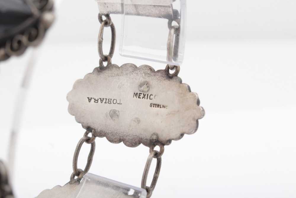 Vintage Abraham Tobias Sterling Silver Black Glass Bracelet