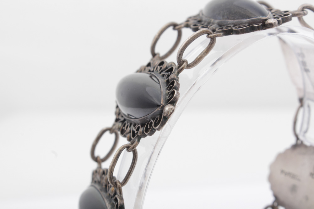 Vintage Abraham Tobias Sterling Silver Black Glass Bracelet