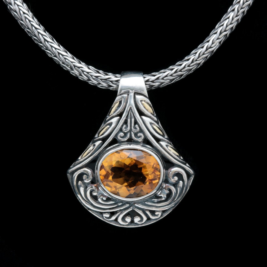 Robert Manse Sterling Silver, 18K Yellow Gold and Citrine Pendant with Chain