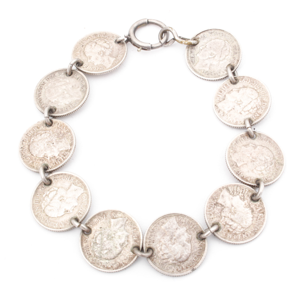 Sterling Silver Queen Wilhelmina of The Netherlands 1944 Coin Bracelet