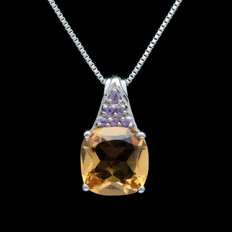 Sterling Silver, Citrine and Amethyst Pendant with Chain