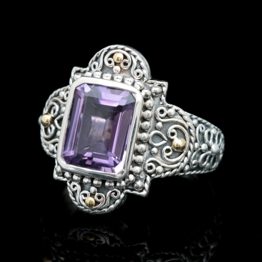 Robert Manse Sterling Silver, 18K Yellow Gold and Amethyst Ring