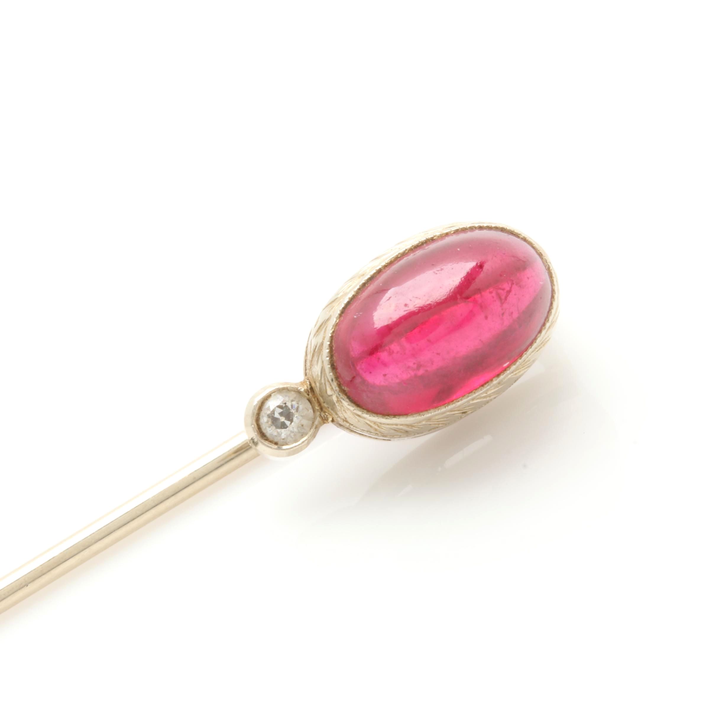 14K White Gold Synthetic Ruby and Diamond Accented Stick Pin