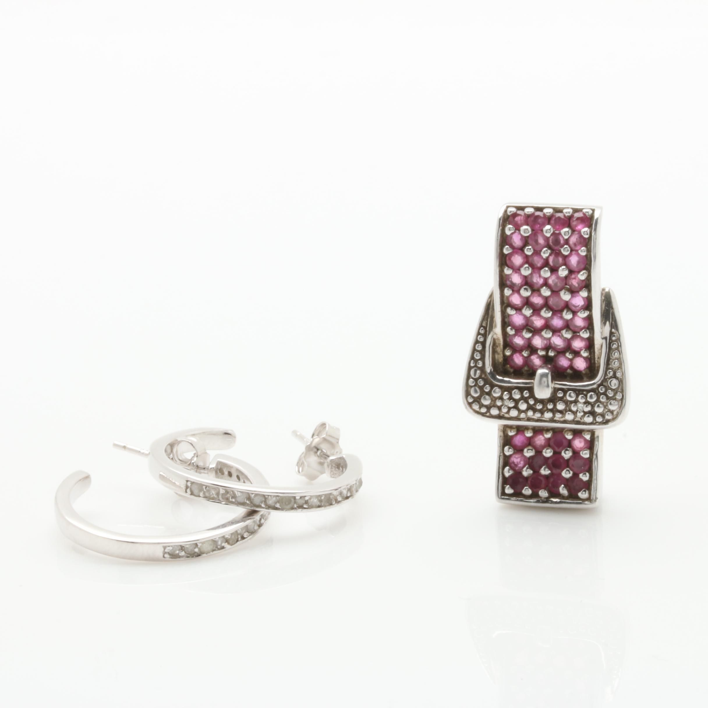 Sterling Silver Pendant and Earrings Including Rubies and Diamonds