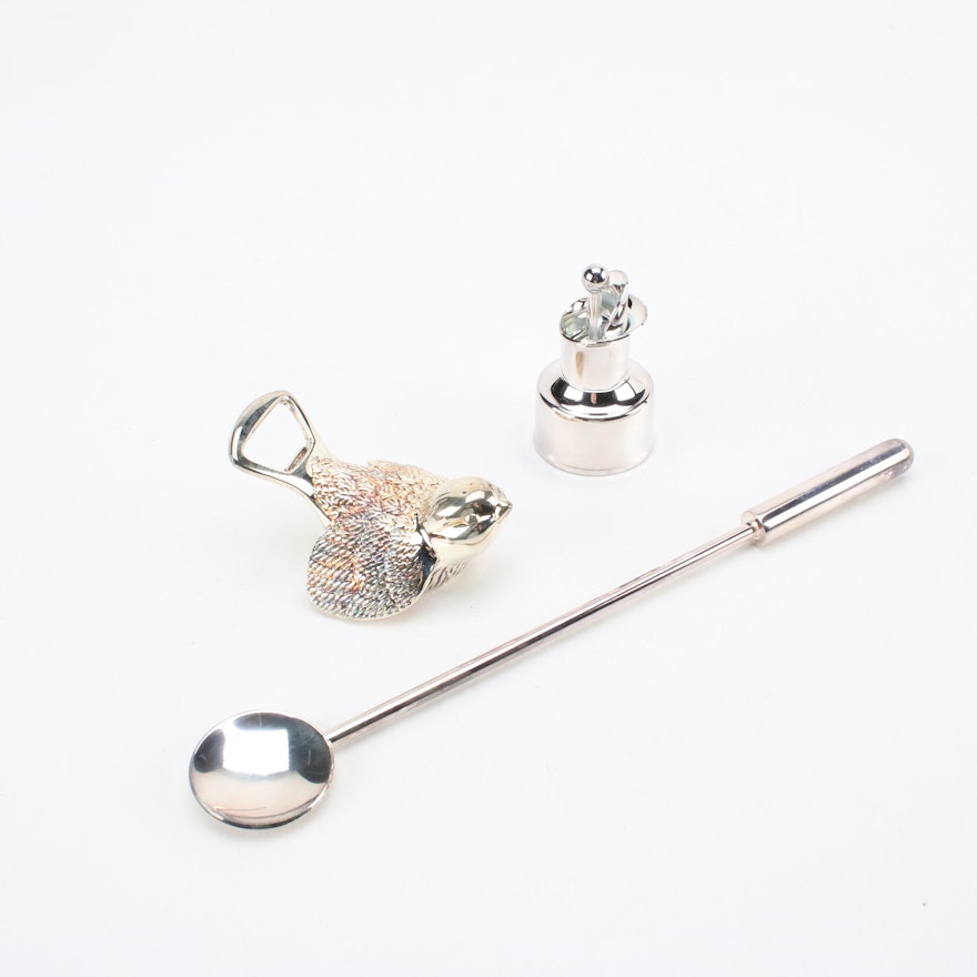 Elegance Silver Plate Bird Bottle Opener and Assorted Bar Tools