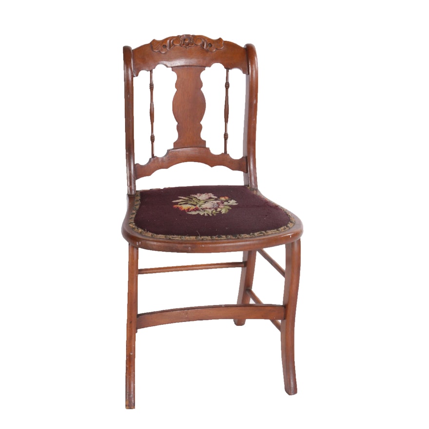 Antique Victorian Carved Dining Chair with Needlepoint Seat