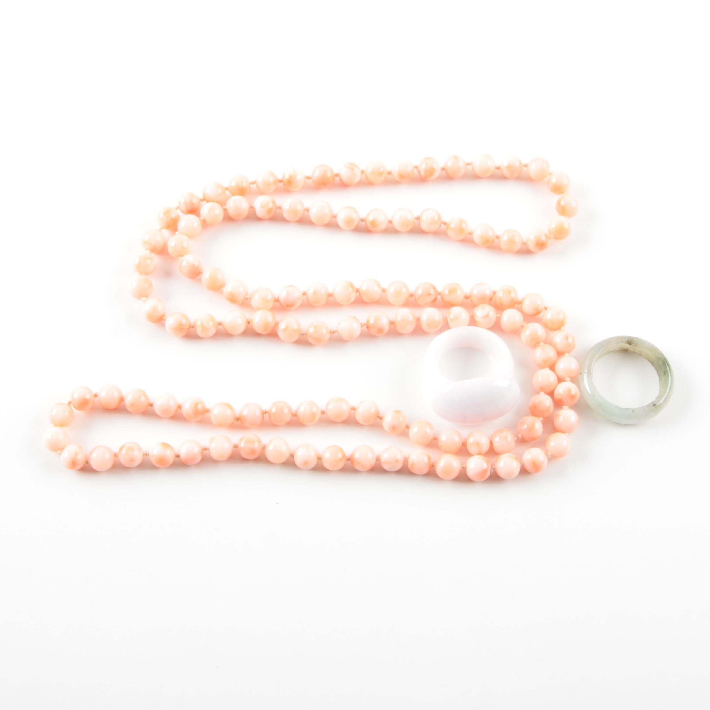 Coral Beaded Necklace and Jadeite Ring Selection
