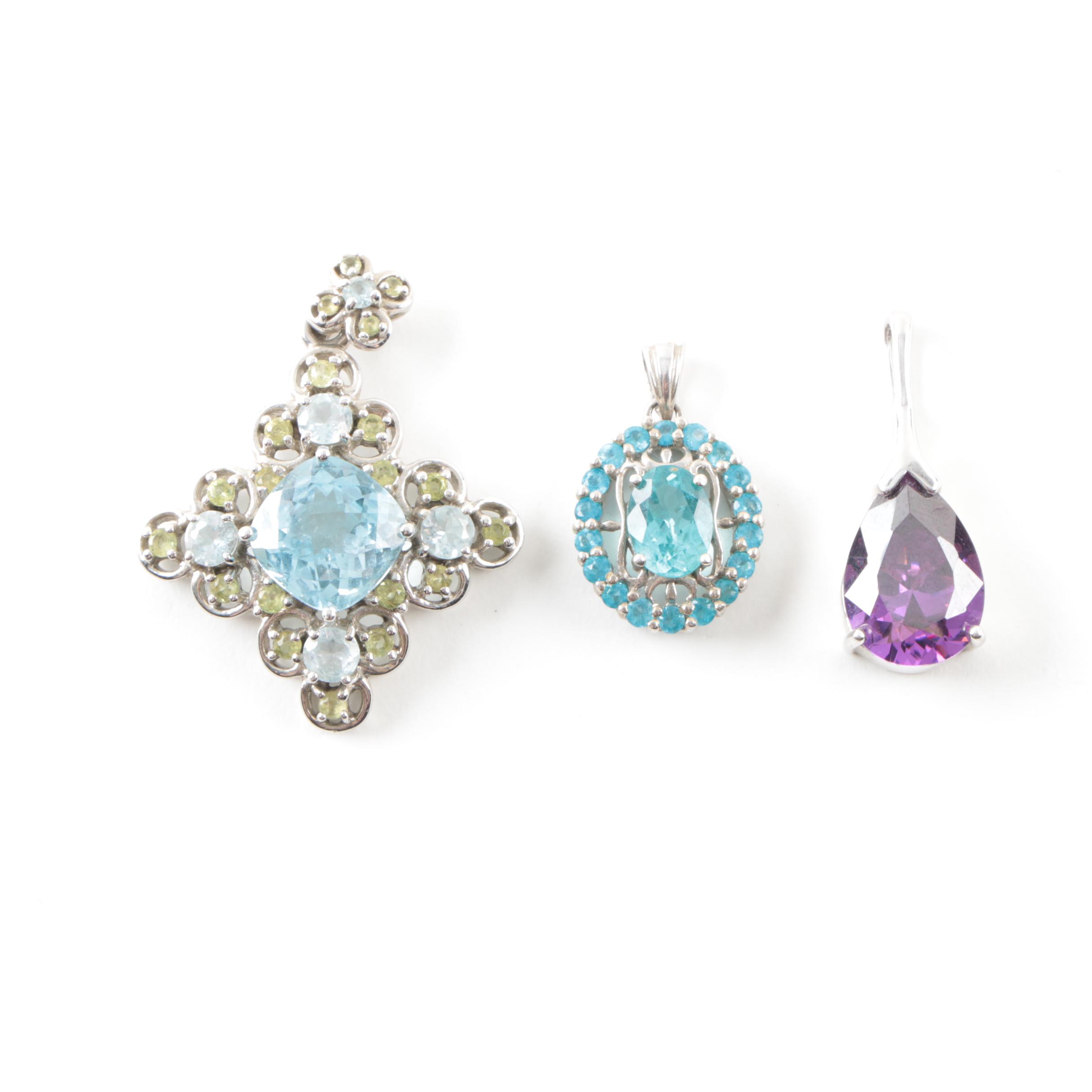 Sterling Silver Blue Topaz and Amethyst Pendant Selection with Diamond Ring