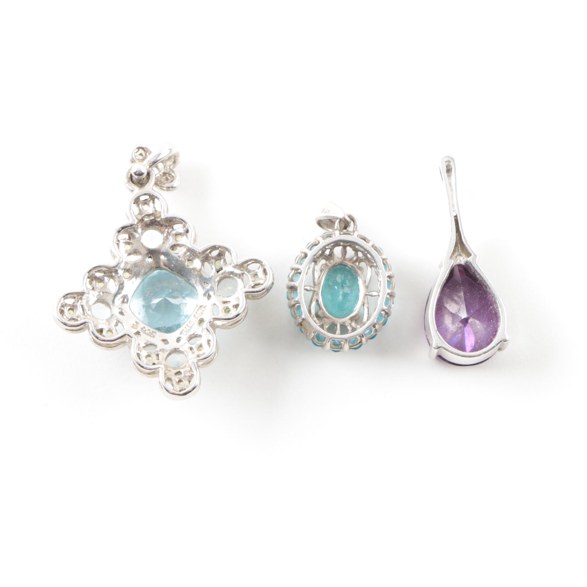 Sterling Silver Blue Topaz and Amethyst Pendant Selection with Diamond Ring