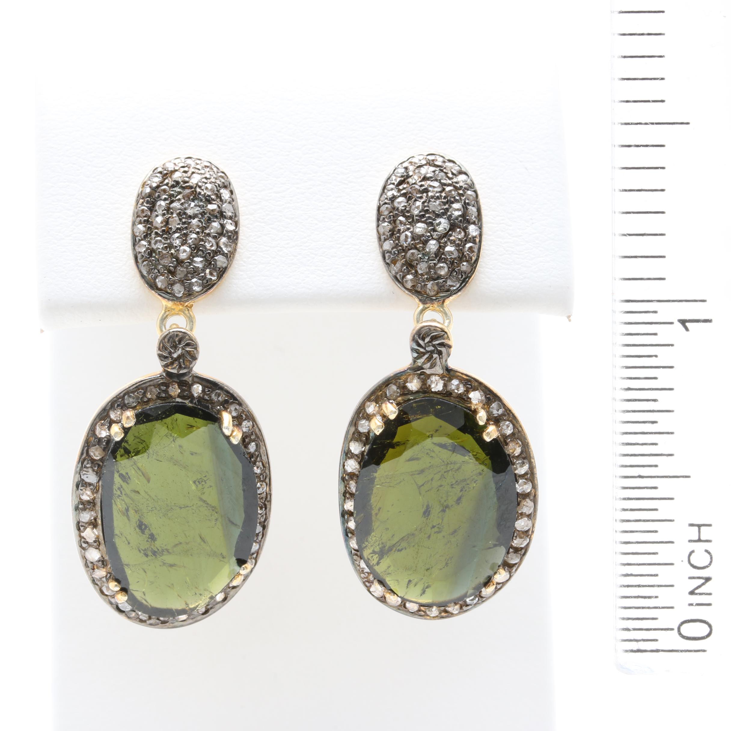 Gold Wash on Sterling Silver Tourmaline and Diamond Earrings