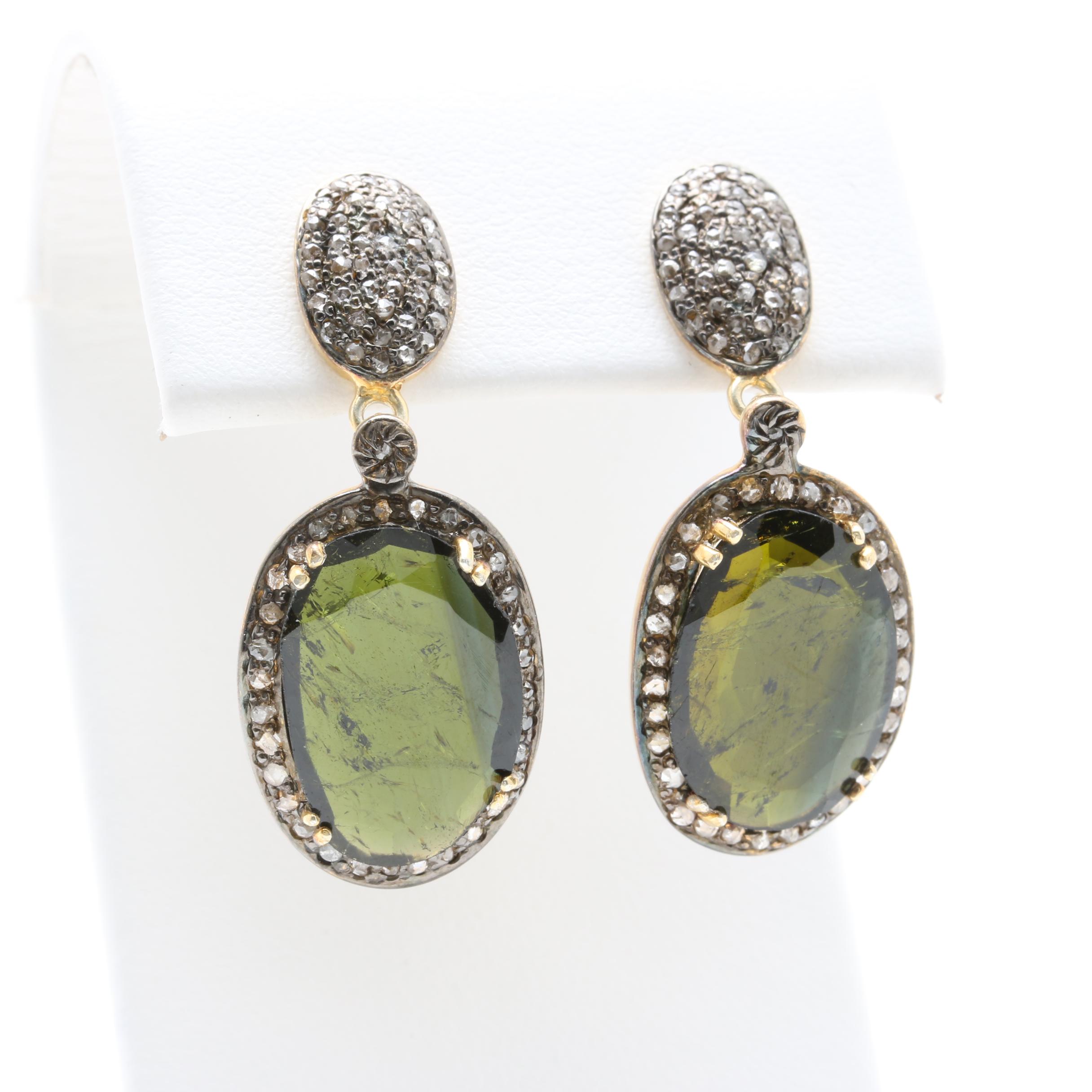 Gold Wash on Sterling Silver Tourmaline and Diamond Earrings