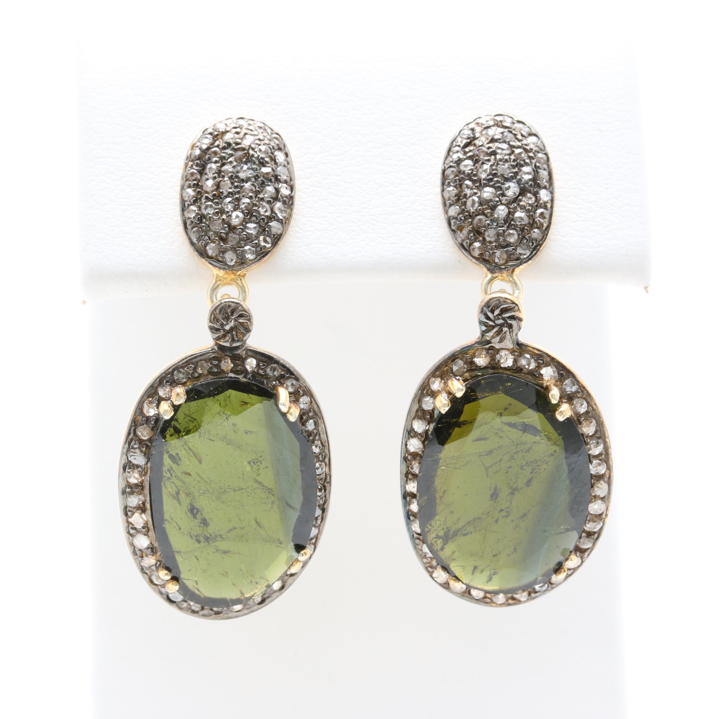 Gold Wash on Sterling Silver Tourmaline and Diamond Earrings